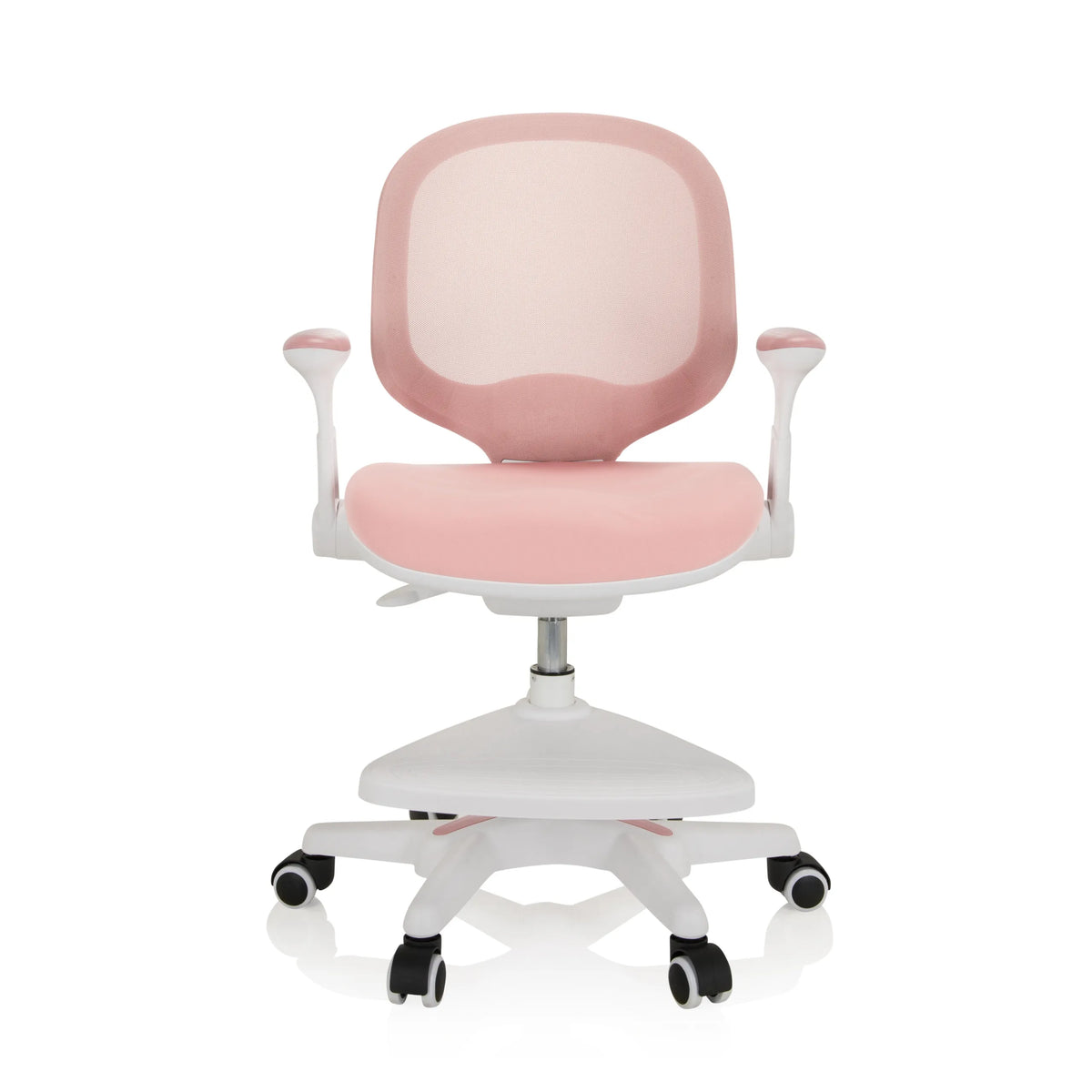 Rosa Kinderstuhl KID ERGO mit Netzrücken, Armlehnen und weißem Fußkreuz mit fünf Rollen von hjh OFFICE – 360-Grad-Ansicht (Frontansicht 0°)