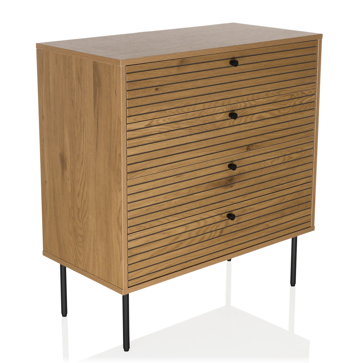 Cómoda LINNO K color roble con frentes acanalados y cuatro patas negras de hjh LIVING – vista de 360° (vista frontal en diagonal 30°)