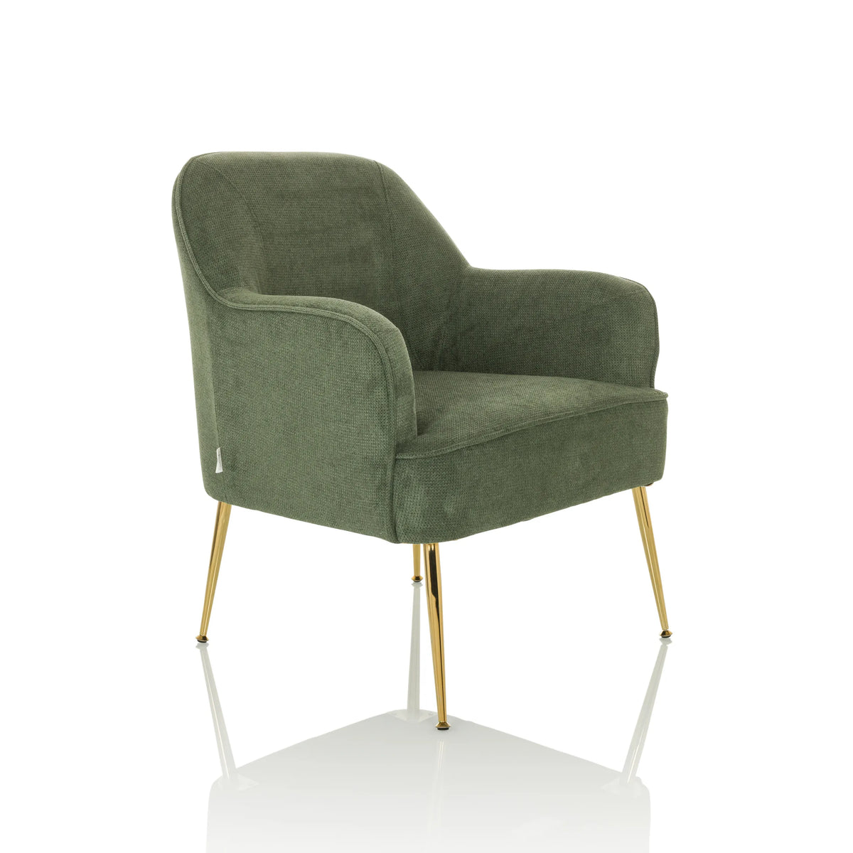 Sillón de diseño verde THASSOS con reposabrazos y patas de metal doradas de hjh LIVING – vista de 360° (vista frontal en diagonal 45°)