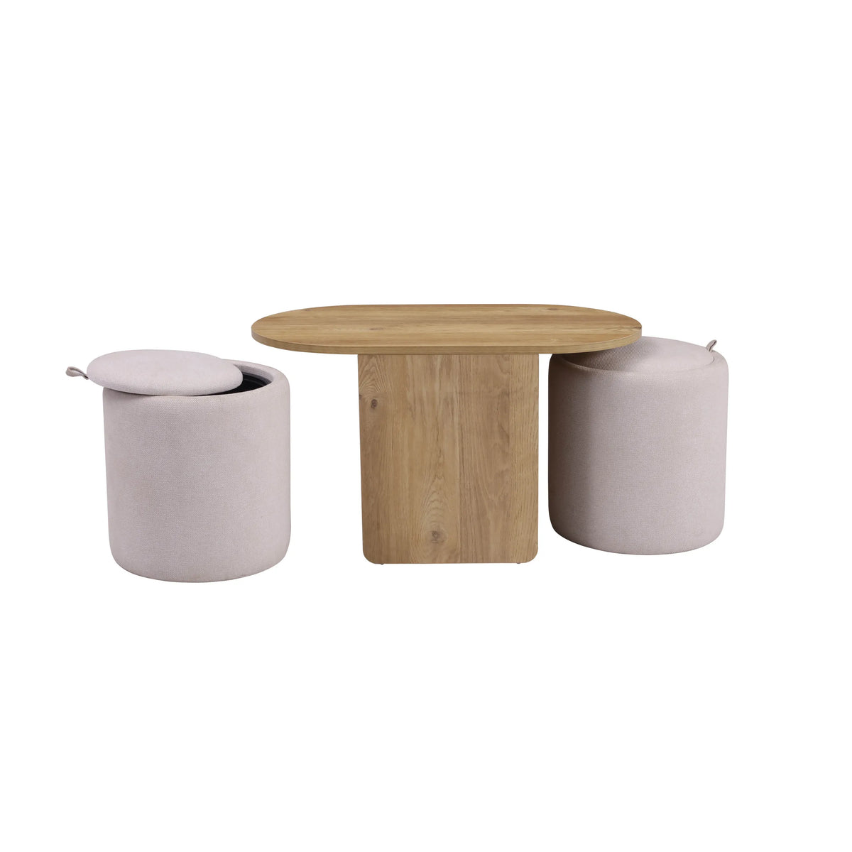 Mesas auxiliares Nestup con tablero redondo de madera y dos taburetes tapizados a juego en blanco de hjh LIVING