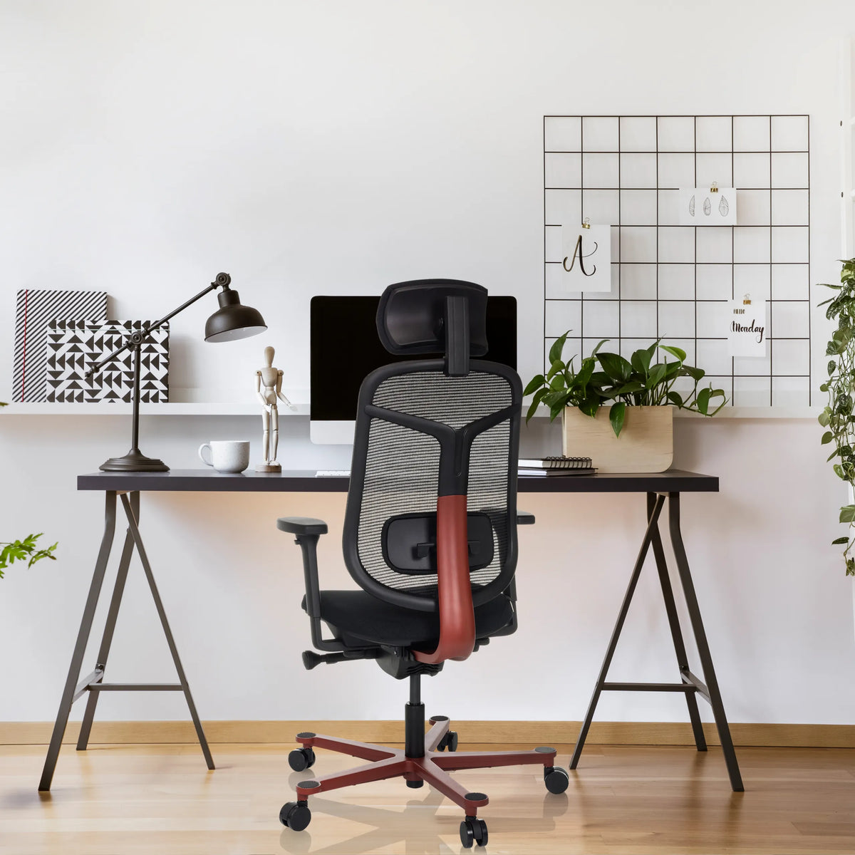 Silla alta gama BICOLORE HIGH en negro y rojo con respaldo de malla de hjh OFFICE