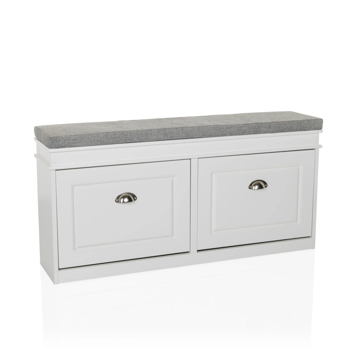 Armario zapatero ESTHA I blanco con asiento gris y dos cajones de hjh LIVING – vista de 360° (vista frontal 15°)