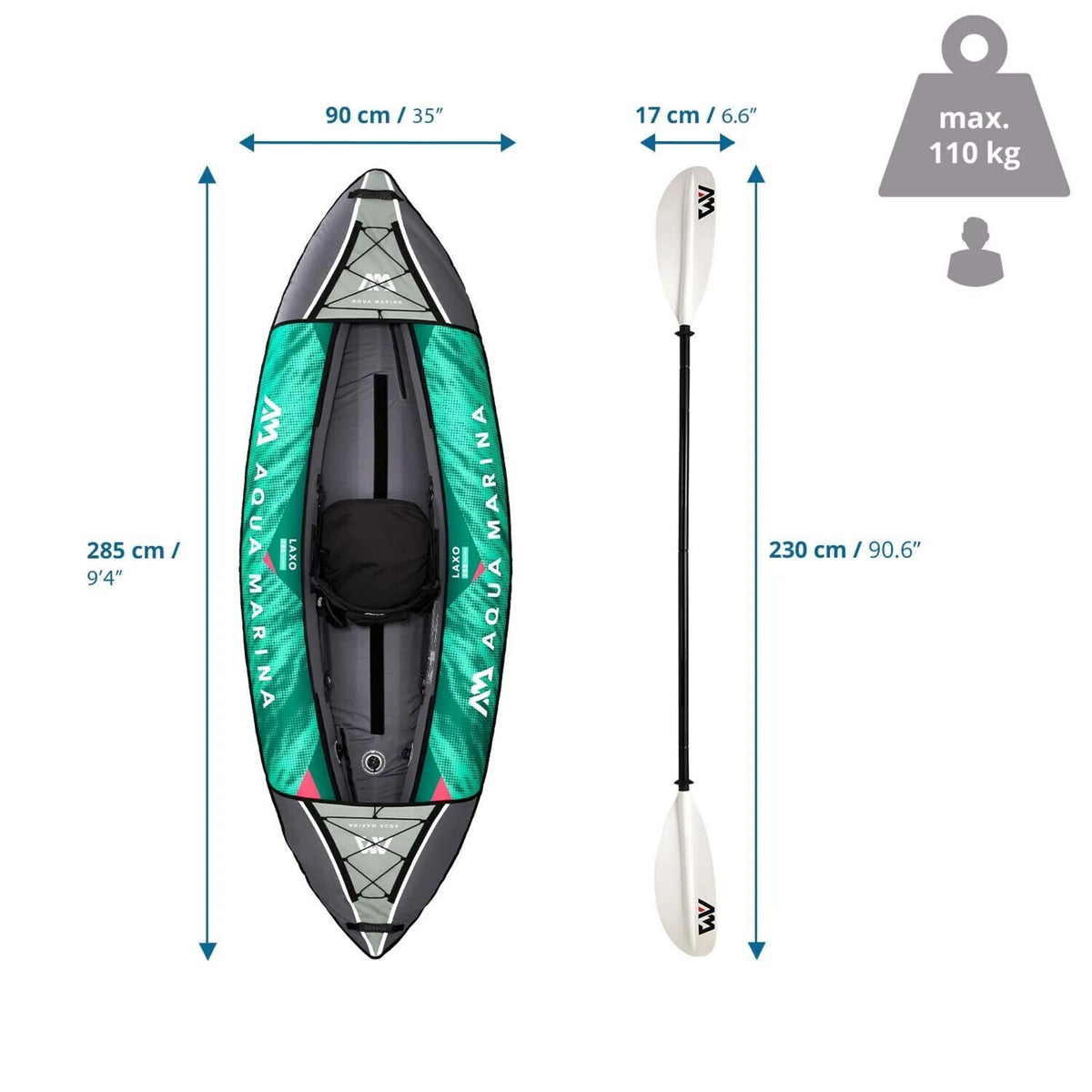 Dibujo técnico del kayak inflable LAXO-285 de 285 × 90 cm de Aqua Marina