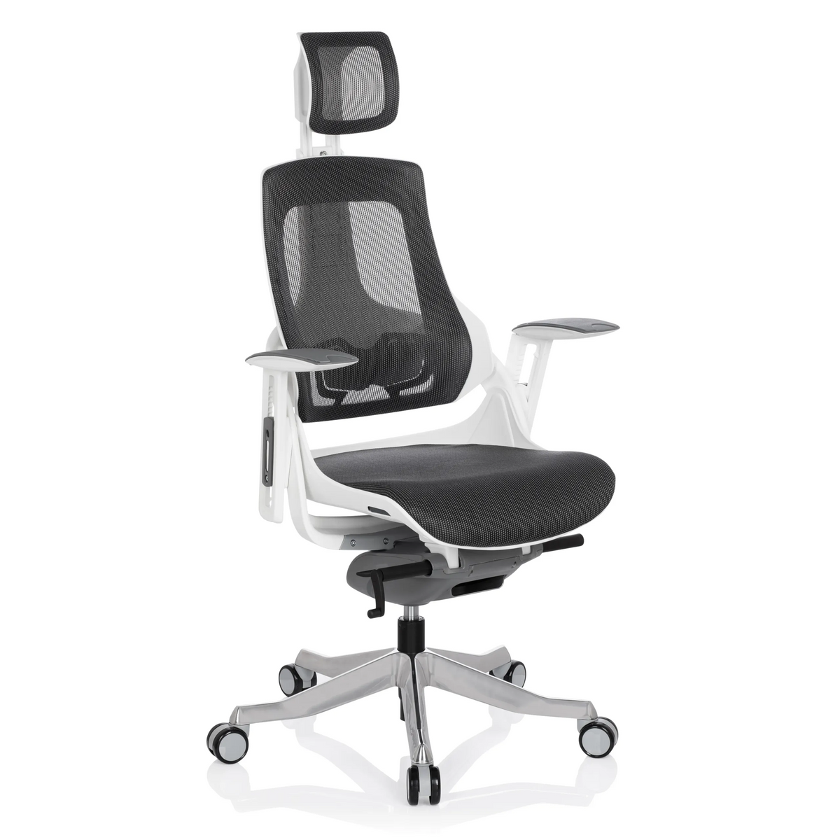 Silla de oficina profesional SPEKTRE gris con respaldo de malla y base de cinco ruedas de hjh OFFICE – vista de 360° (vista frontal en diagonal 40°)
