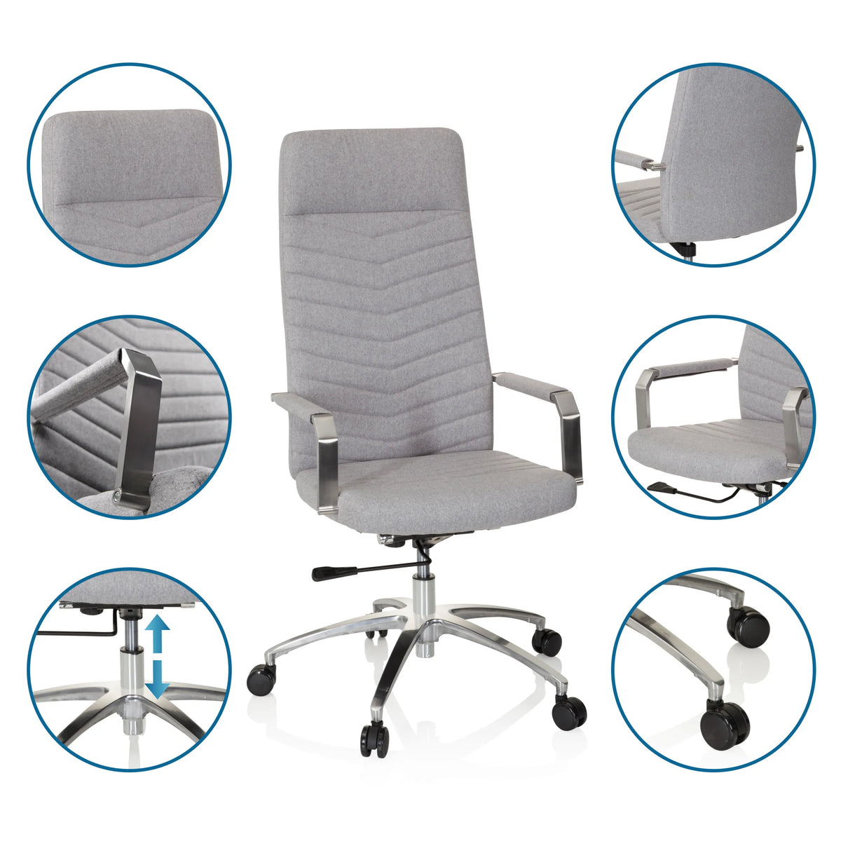 Silla Home Office SARANTO PLUS en gris claro con vistas detalladas de la tela, reposabrazos, pistón de gas y ruedas de hjh OFFICE