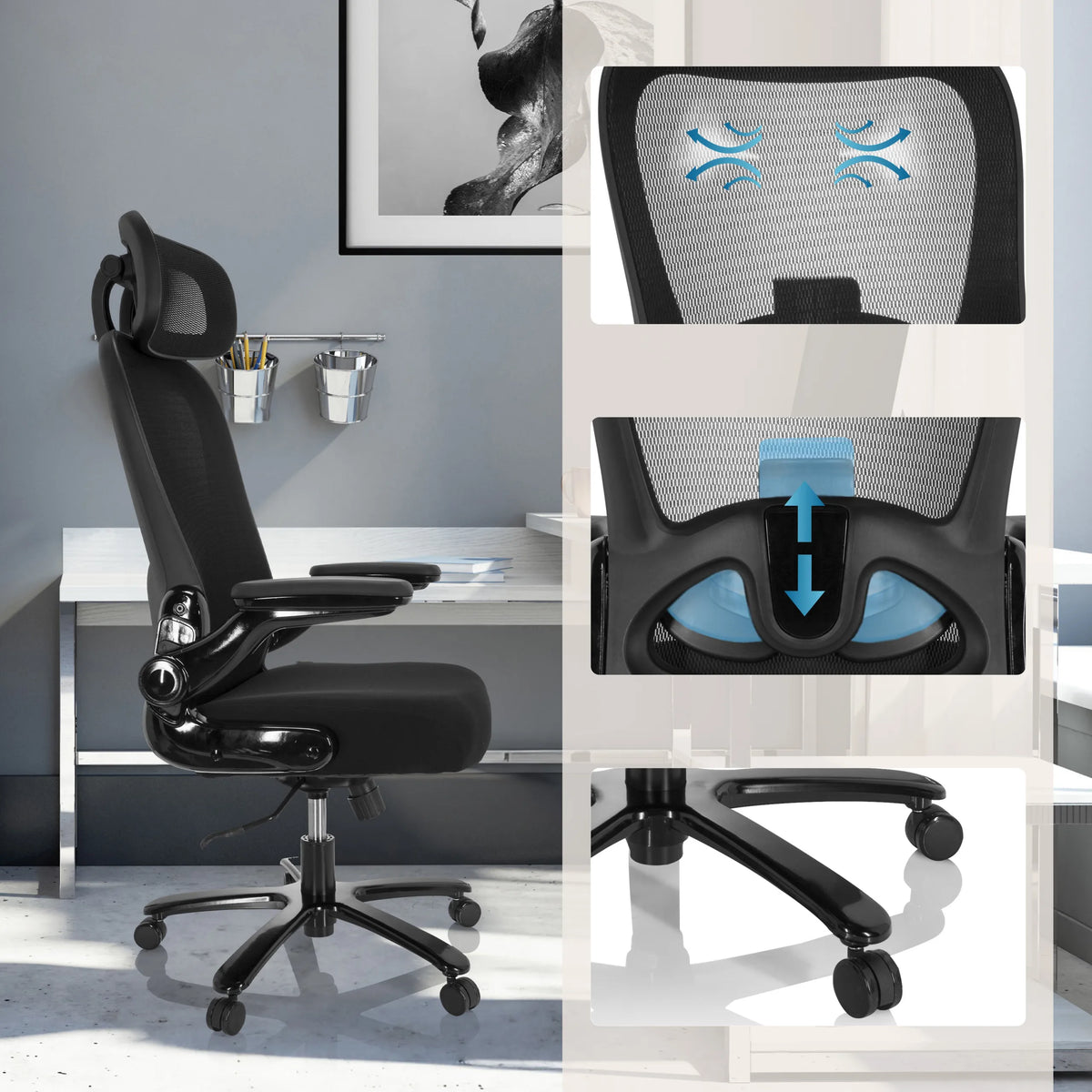 Silla giratoria XXL INSTRUCTOR SW I PRO en negro con respaldo de malla, soporte lumbar ajustable y ruedas de hjh OFFICE