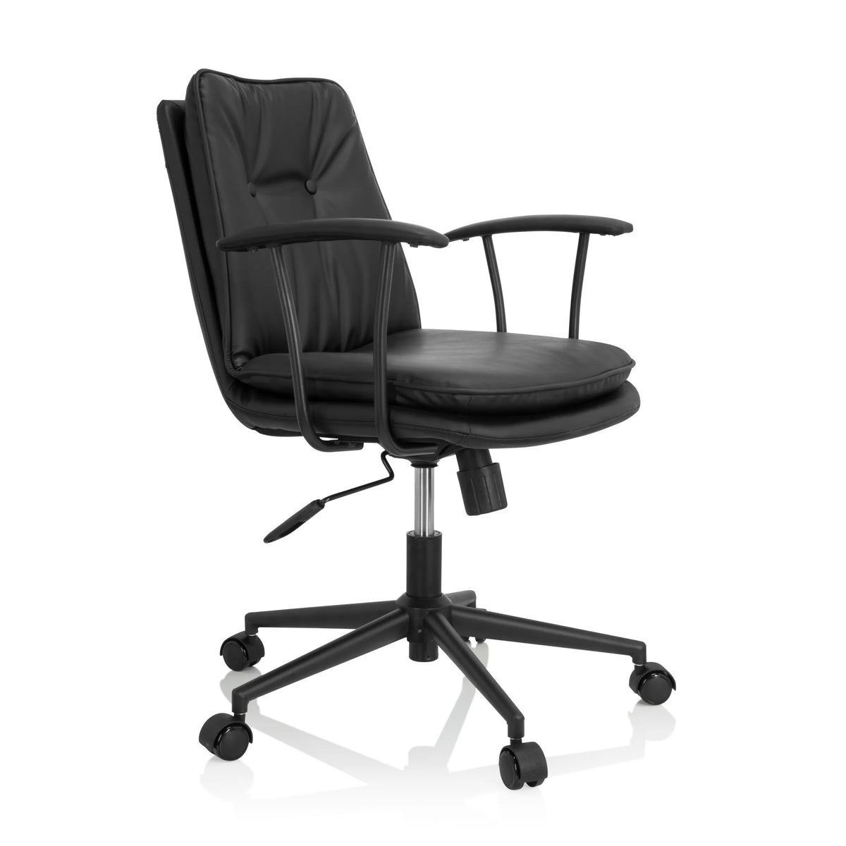 Silla Home Office SMALLO negra con acolchado y base de cinco ruedas de hjh OFFICE – vista de 360° (vista frontal en diagonal 60°)