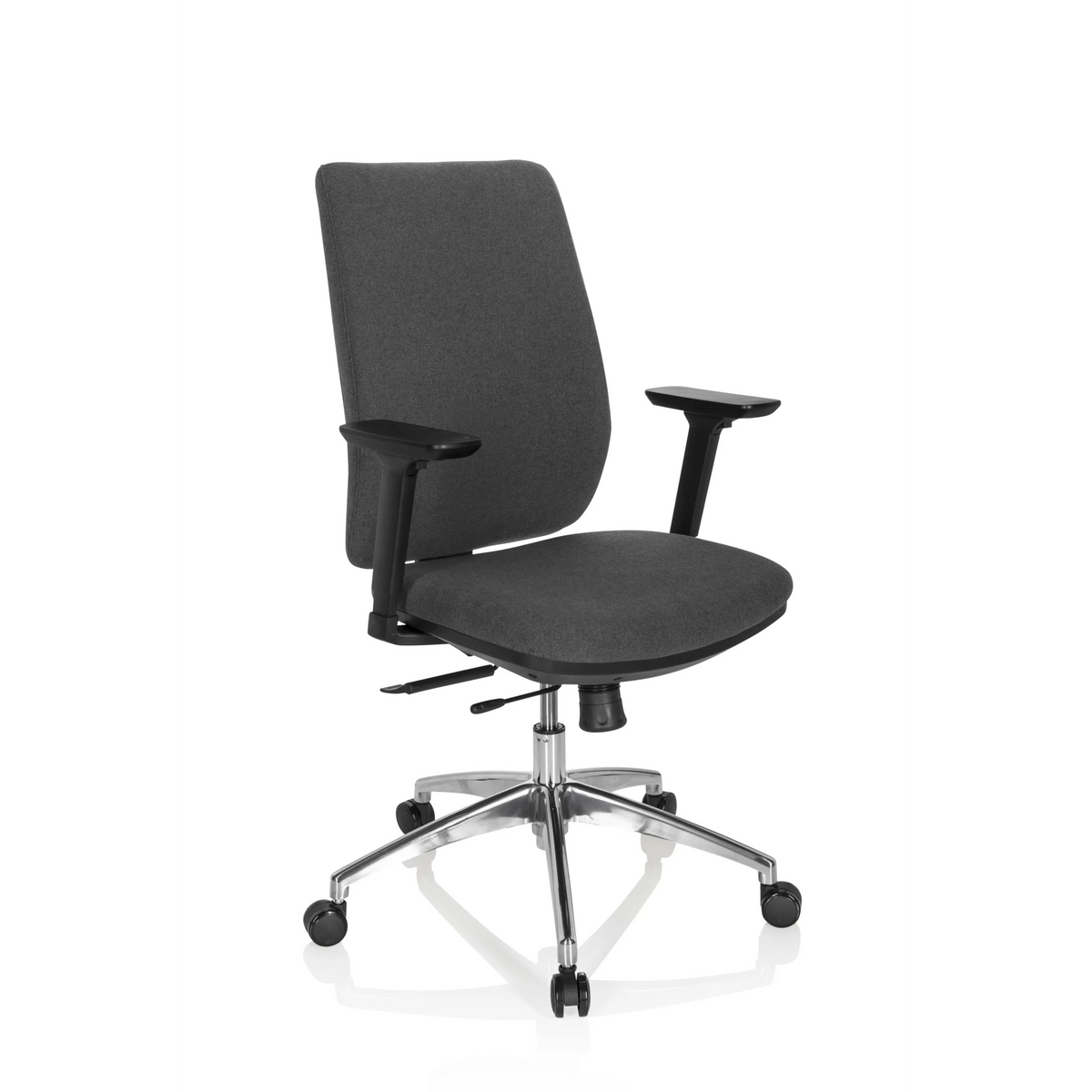 Silla de oficina profesional INTEGRIO I en color gris oscuro con reposabrazos y base de cinco ruedas de hjh OFFICE – vista de 360° (vista frontal en diagonal 40°)