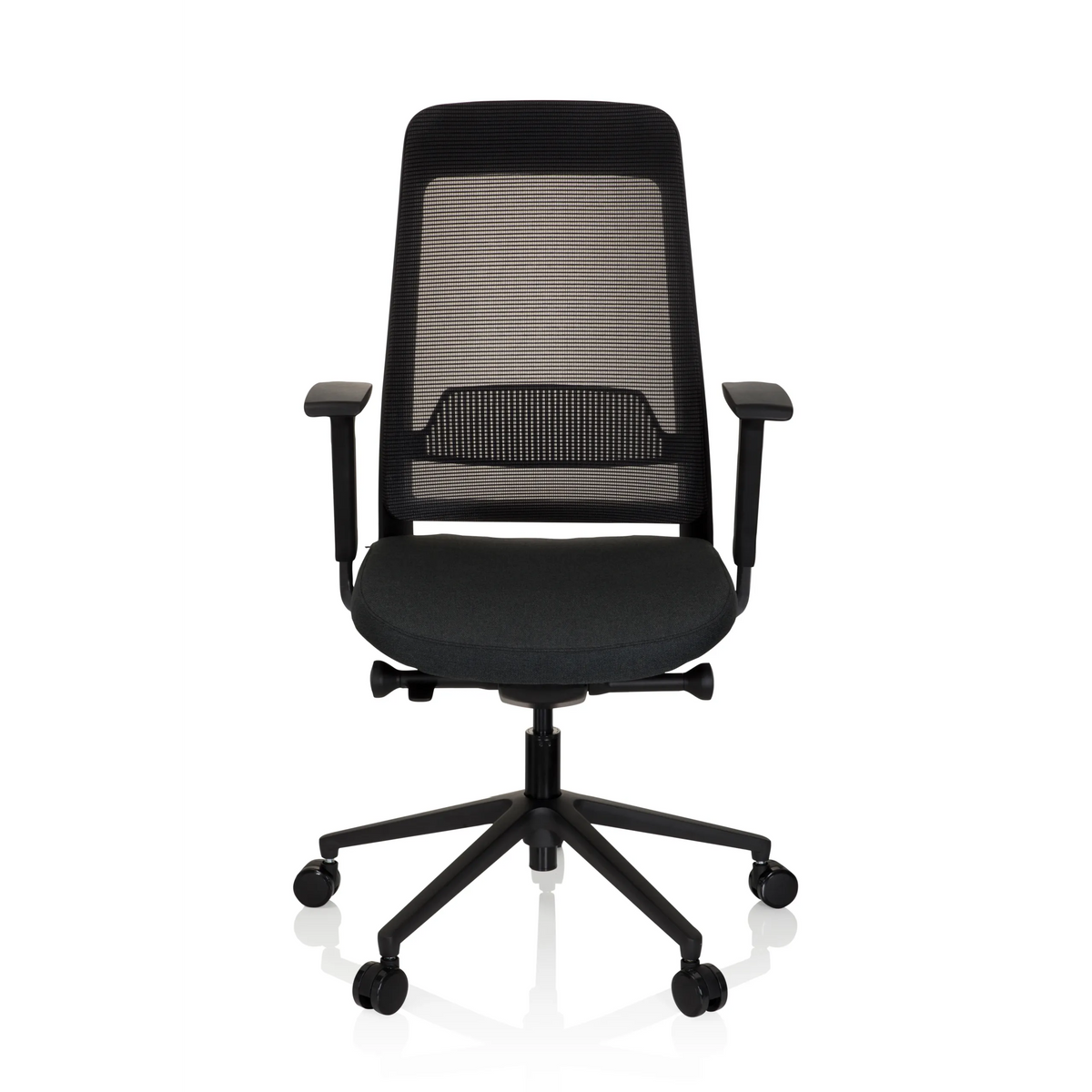 Silla de oficina profesional CHIARO T1 BLACK negra con respaldo de malla y base de cinco ruedas de hjh OFFICE – vista de 360° (vista frontal 0°)