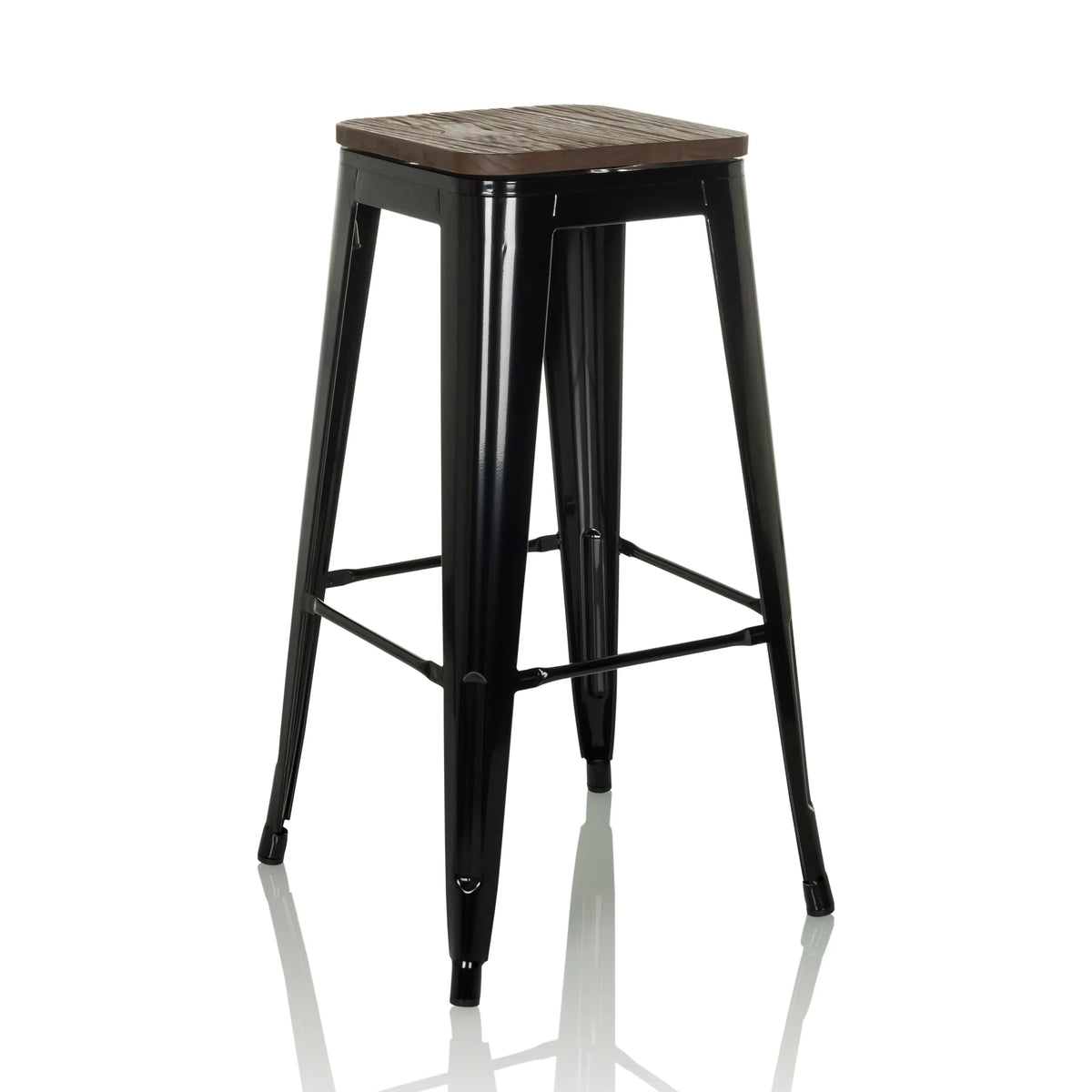 Taburete de bar VANTAGGIO HIGH WS negro con asiento efecto madera y reposapiés de hjh OFFICE – vista de 360° (vista frontal en diagonal 30°)