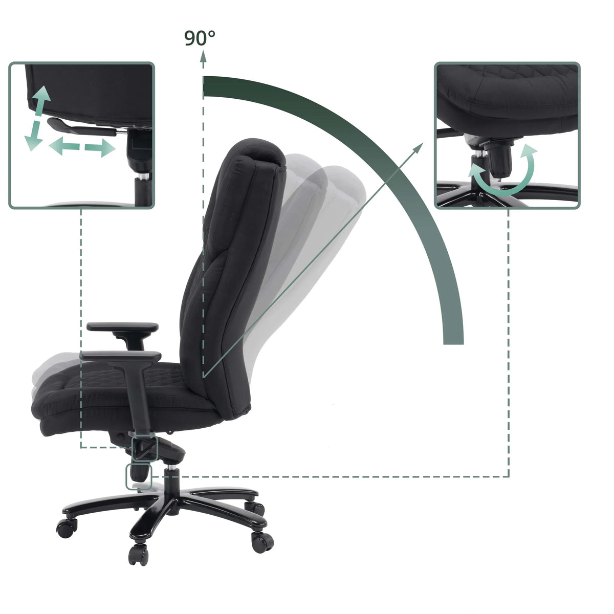Mecanismos de ajuste e inclinación del respaldo de 90 grados de la silla giratoria XXL Pullmann Gen2 de hjh OFFICE
