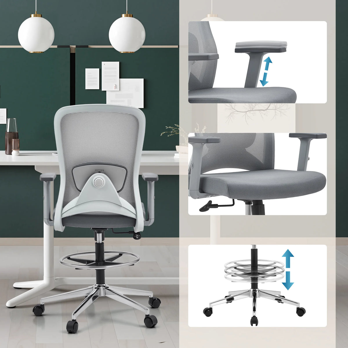 Silla de mostrador Top Work 44 W gris con reposabrazos regulables en altura y reposapiés de hjh OFFICE