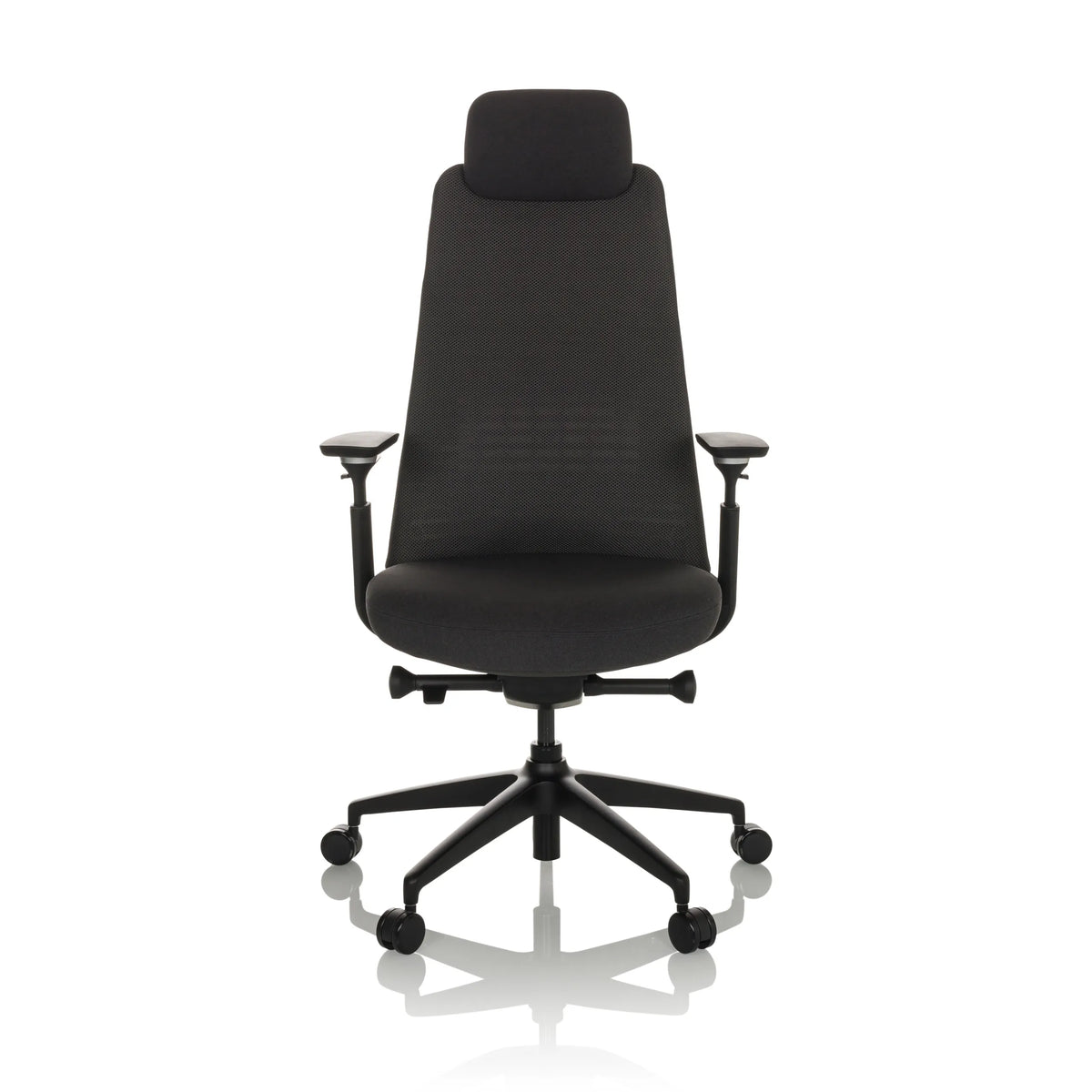 Silla de oficina profesional YUCANO negra con respaldo de malla, reposacabezas y base de cinco ruedas de hjh OFFICE – vista de 360° (vista frontal 0°)