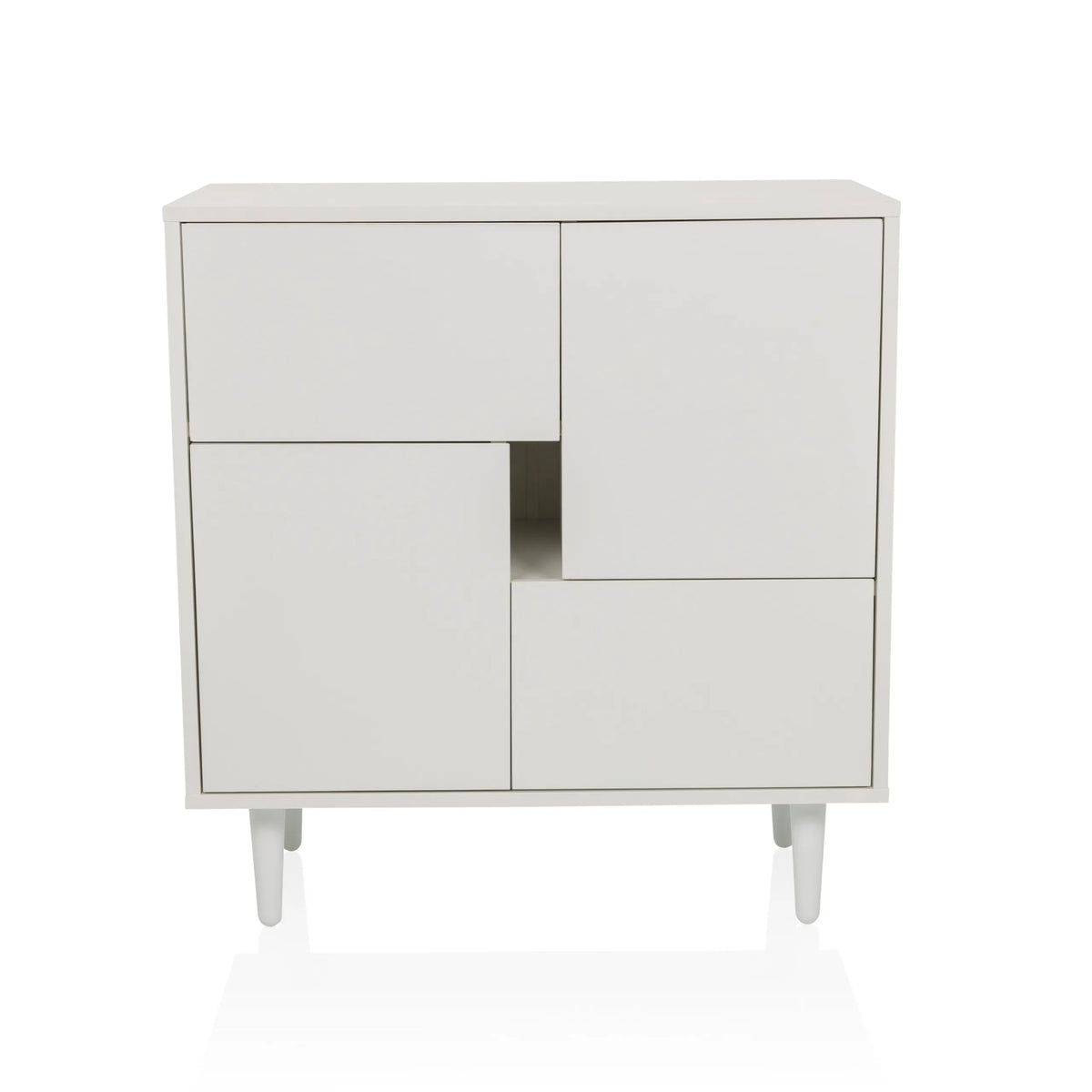 Cómoda blanca LYKKJA con división frontal asimétrica y cuatro patas de hjh LIVING – vista de 360° (vista frontal 0°)