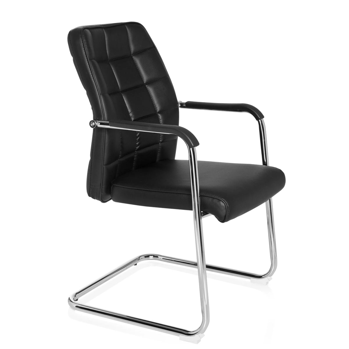 Silla viga voladiza FLEXO V negra con costuras cuadradas y reposabrazos de hjh OFFICE – vista de 360° (vista frontal en diagonal 60°)