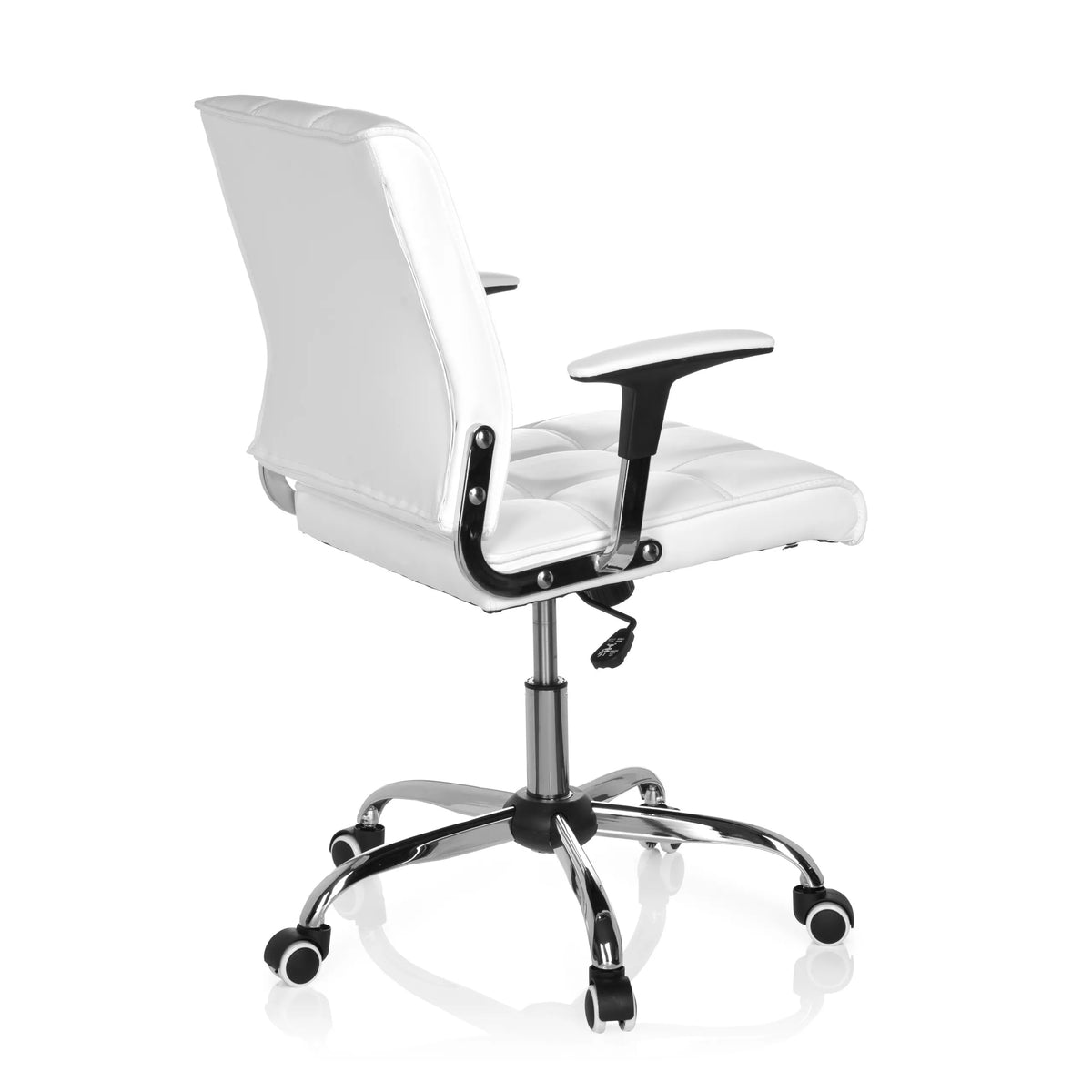 Silla Home Office ERNESTO blanca con tapicería acolchada y base de cinco ruedas de hjh OFFICE – vista de 360° (vista trasera en diagonal 120°)