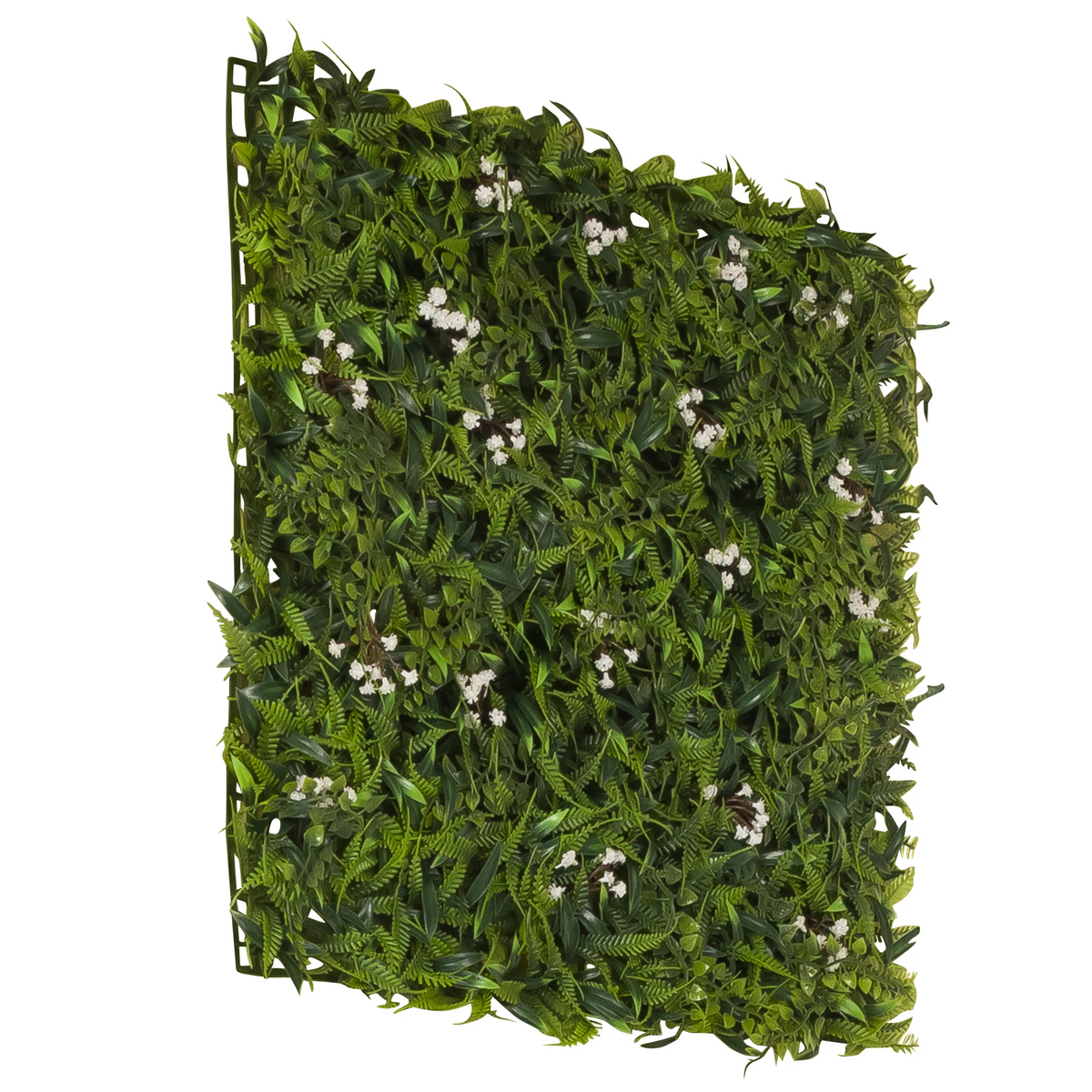 Grüne Pflanzenmatte MORE GREEN I mit Farnblättern und kleinen weißen Blüten von hjh OFFICE – 360-Grad-Ansicht (schräge Rückenansicht 240°)