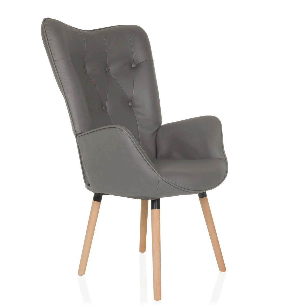 Sillón tapizada gris HAVENIO I con capitoné, reposabrazos y cuatro patas de madera de hjh LIVING – vista de 360° (vista frontal en diagonal 45°)