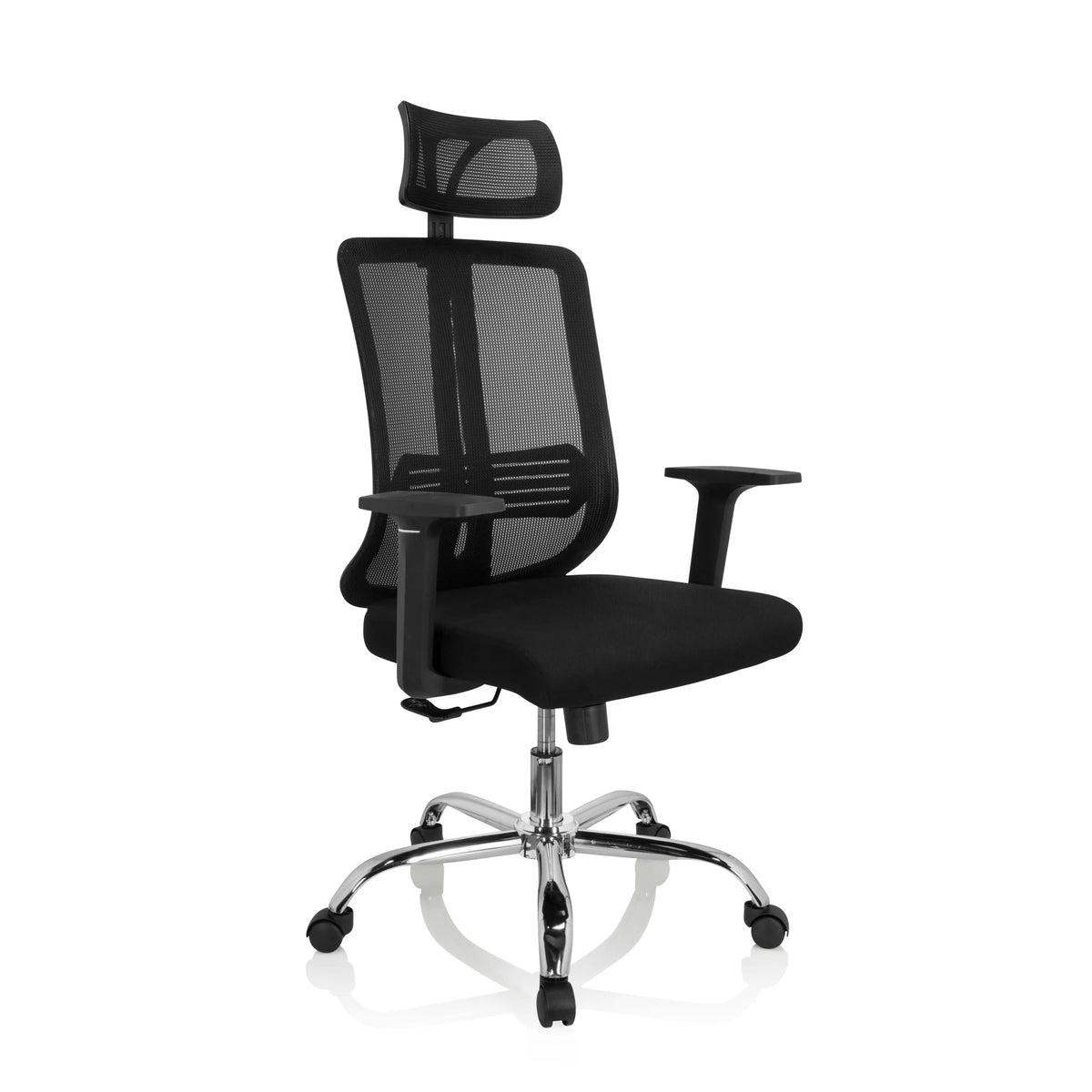 Silla Home Office ZH 200 negra con respaldo de malla y base de cinco ruedas de hjh OFFICE – vista de 360° (vista frontal en diagonal 40°)
