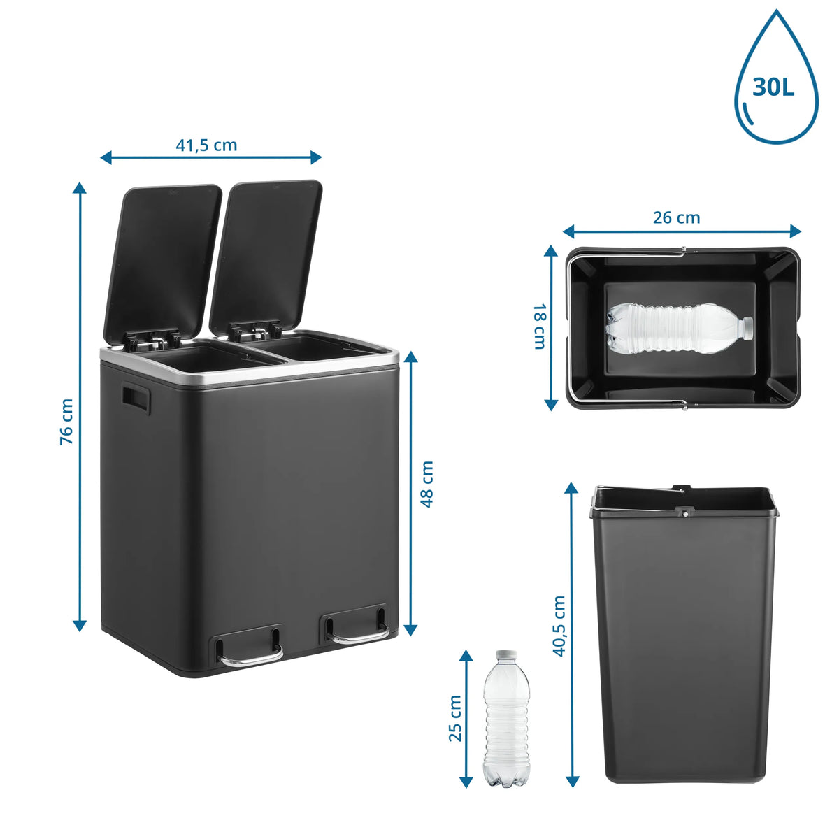 Dibujo dimensional de la Papelera Clean 9 con 76 cm de altura y 30 l de volumen de hjh OFFICE