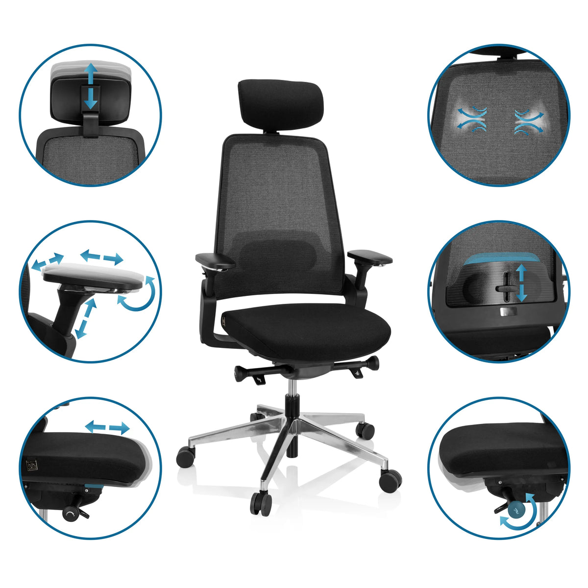 Diversas opciones de ajuste de la Silla de oficina profesional BRACIO en color negro de hjh OFFICE
