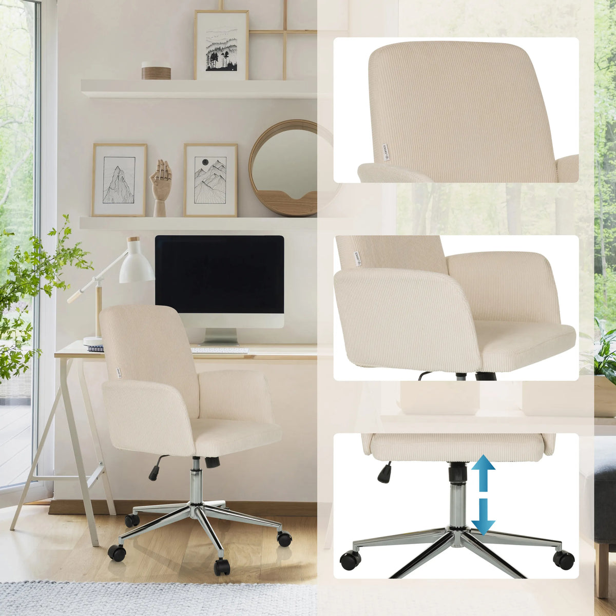 Silla Home Office SOLAO CORD en color beige con base y reposabrazos regulables en altura de hjh OFFICE