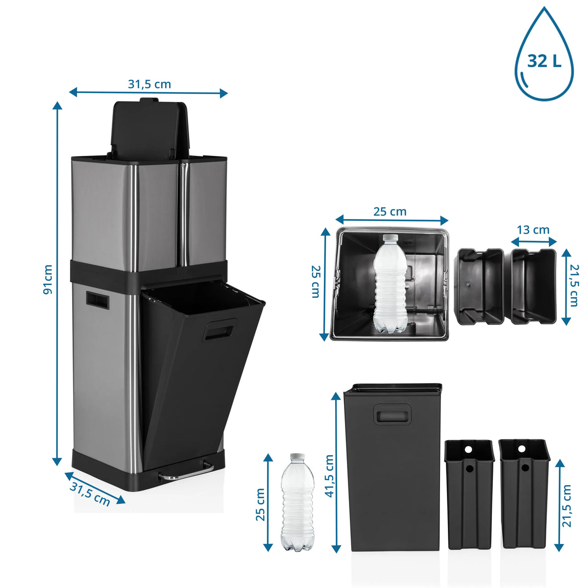 Dibujo dimensional de la Papelera CLEAN 3 con 91 cm de altura y 32 l de volumen de hjh OFFICE
