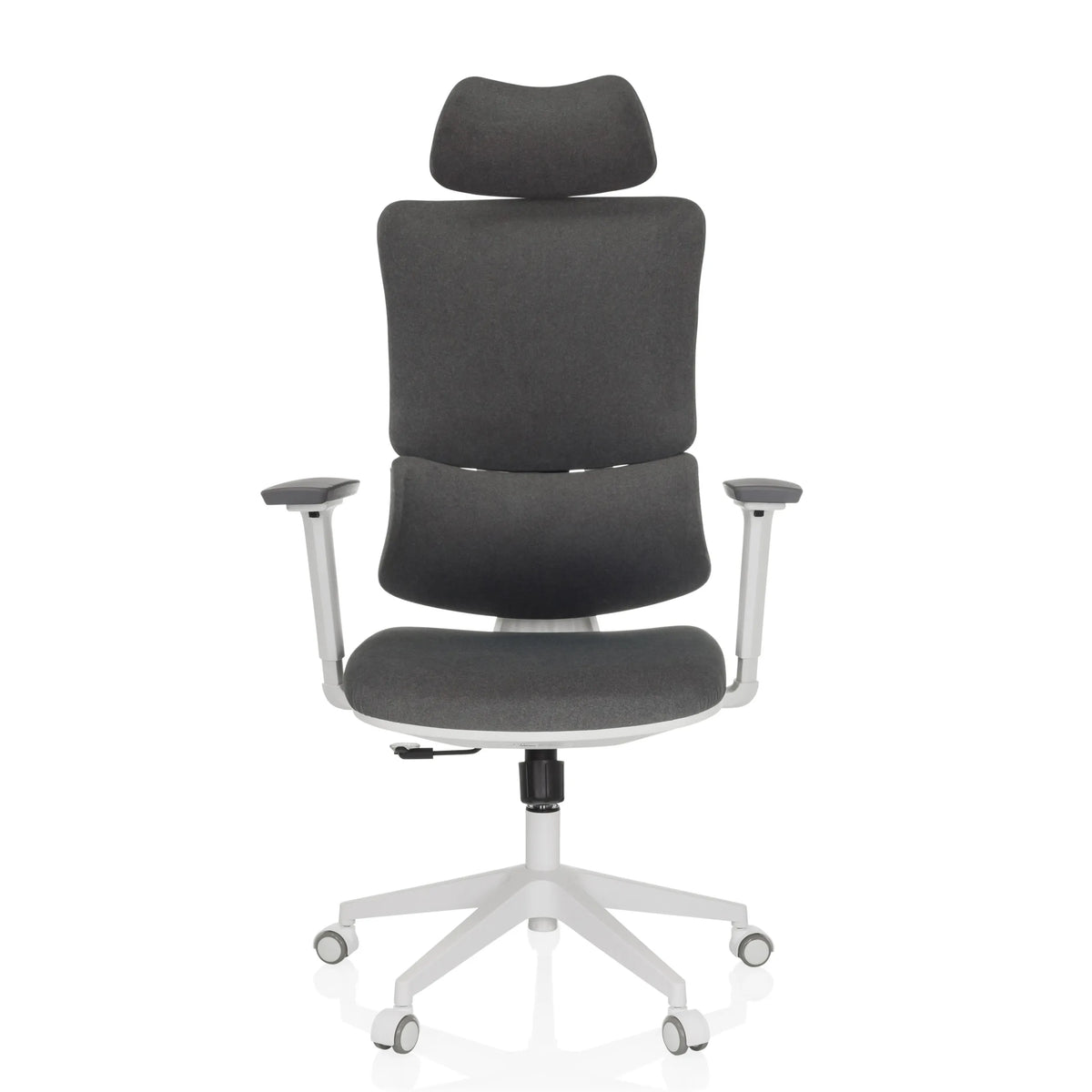 Silla Home Office ERGOMY WF gris con tapizado de tela, estructura blanca y base de cinco ruedas de MyBuero – vista de 360° (vista frontal 0°)