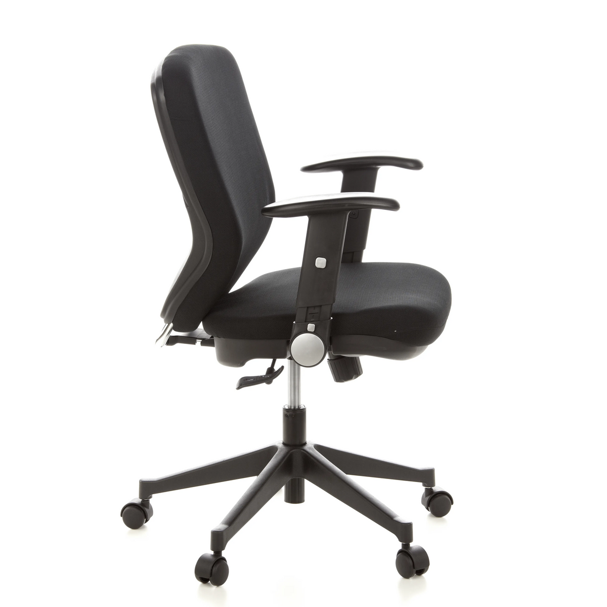Silla de oficina profesional TRAFFIC 20 negra con reposabrazos y base de cinco ruedas de hjh OFFICE – vista de 360° (vista lateral 80°)
