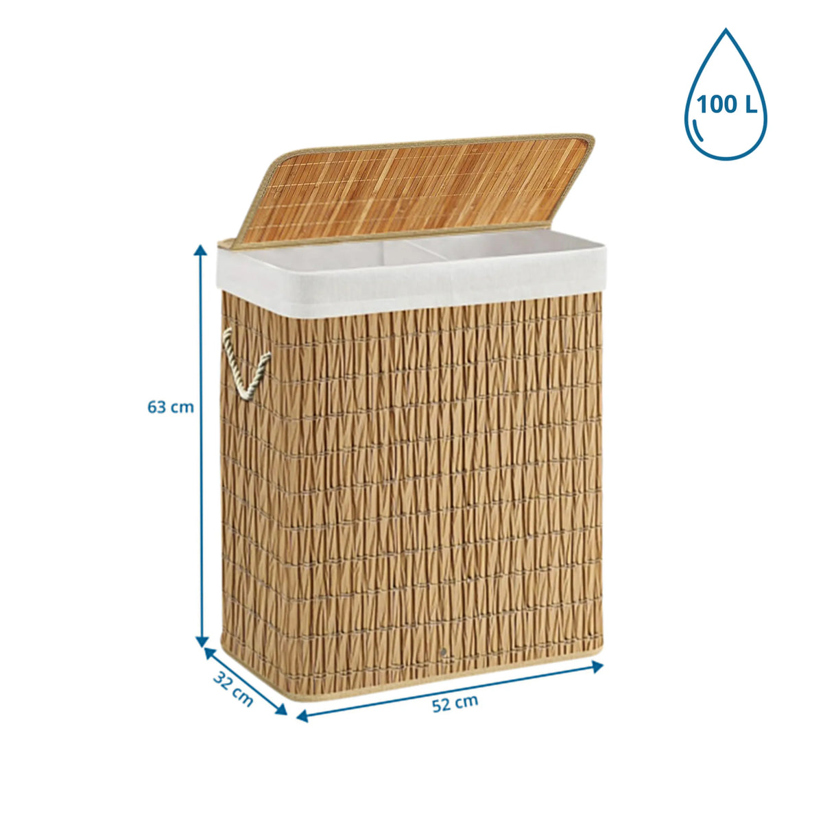 Dibujo dimensional de la cesta de ropa FALSTER XL R con 63 × 52 cm y un volumen de 100 l de hjh LIVING