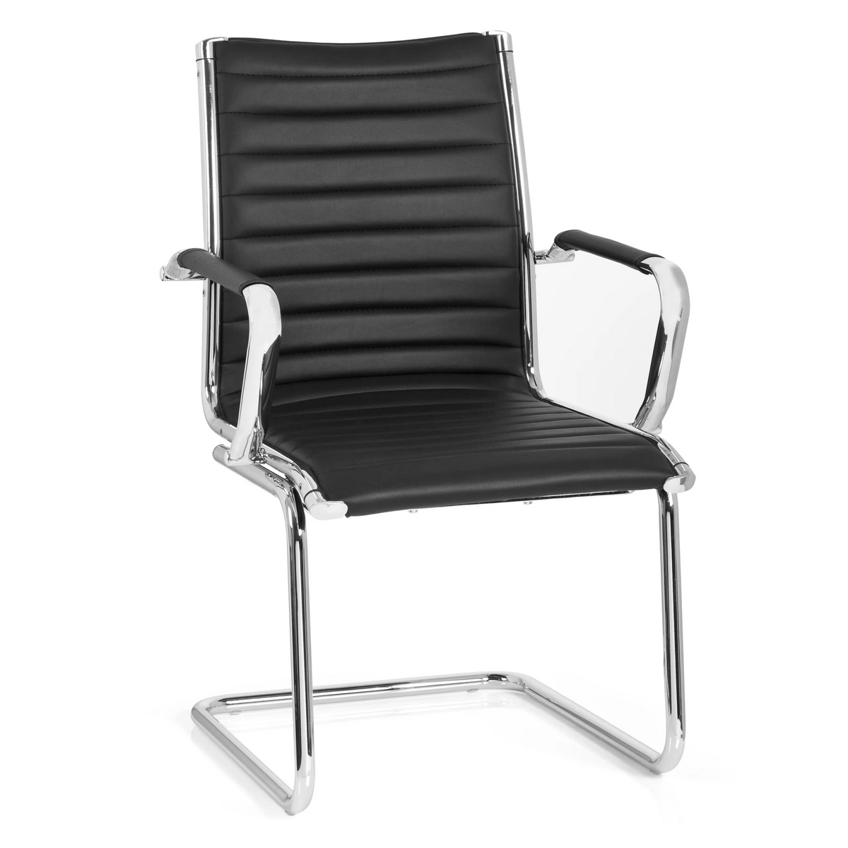 Silla de viga voladiza VEMONA V negra con costuras transversales y reposabrazos de cromo de hjh OFFICE – vista de 360° (vista frontal 20°)