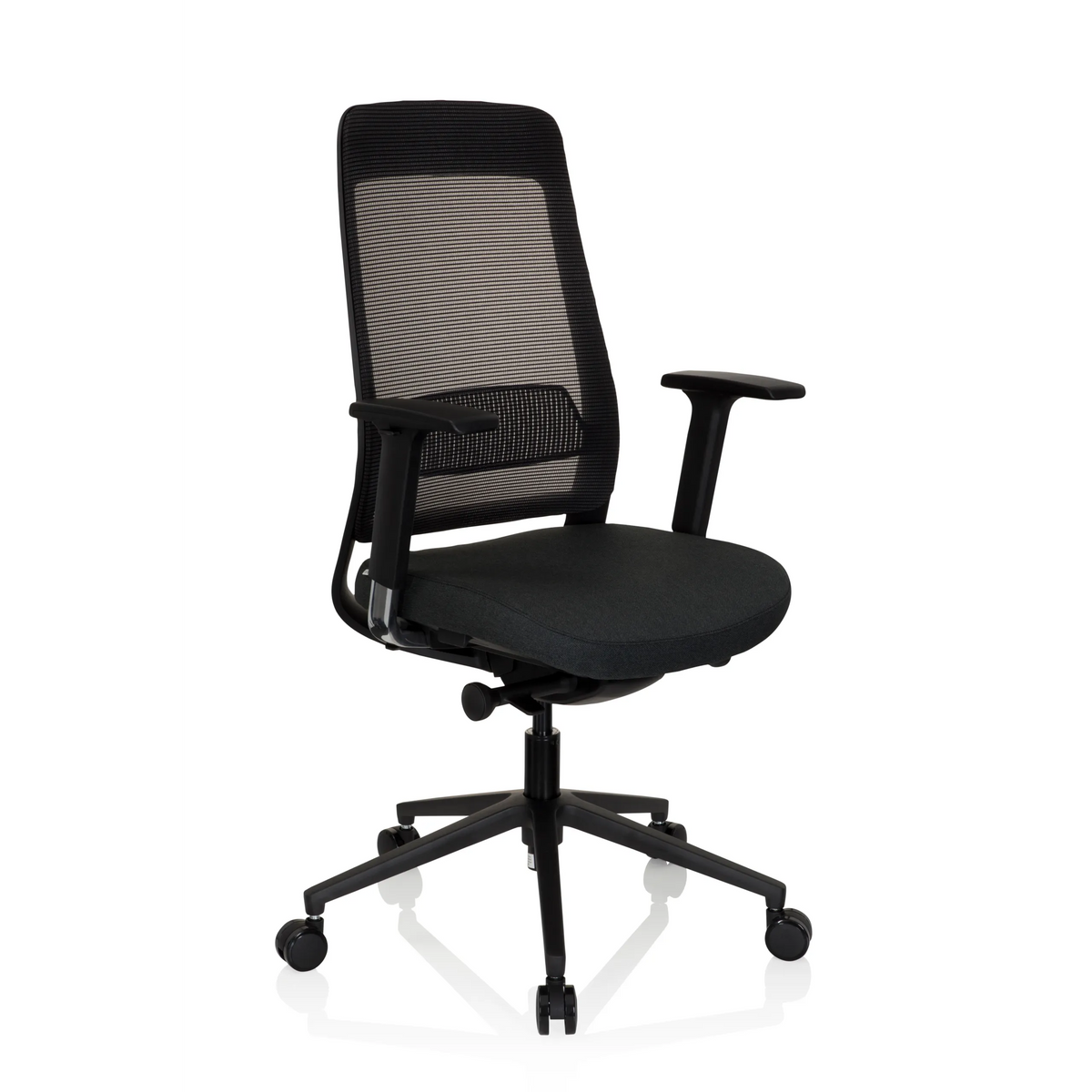 Silla de oficina profesional CHIARO T1 BLACK negra con respaldo de malla y base de cinco ruedas de hjh OFFICE – vista de 360° (vista frontal en diagonal 40°)