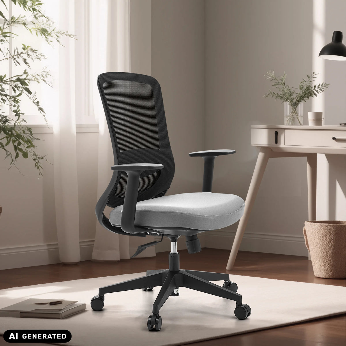 Silla Home Office Sedito en negro y gris con respaldo de malla y ruedas de hjh OFFICE (imagen generada por IA)