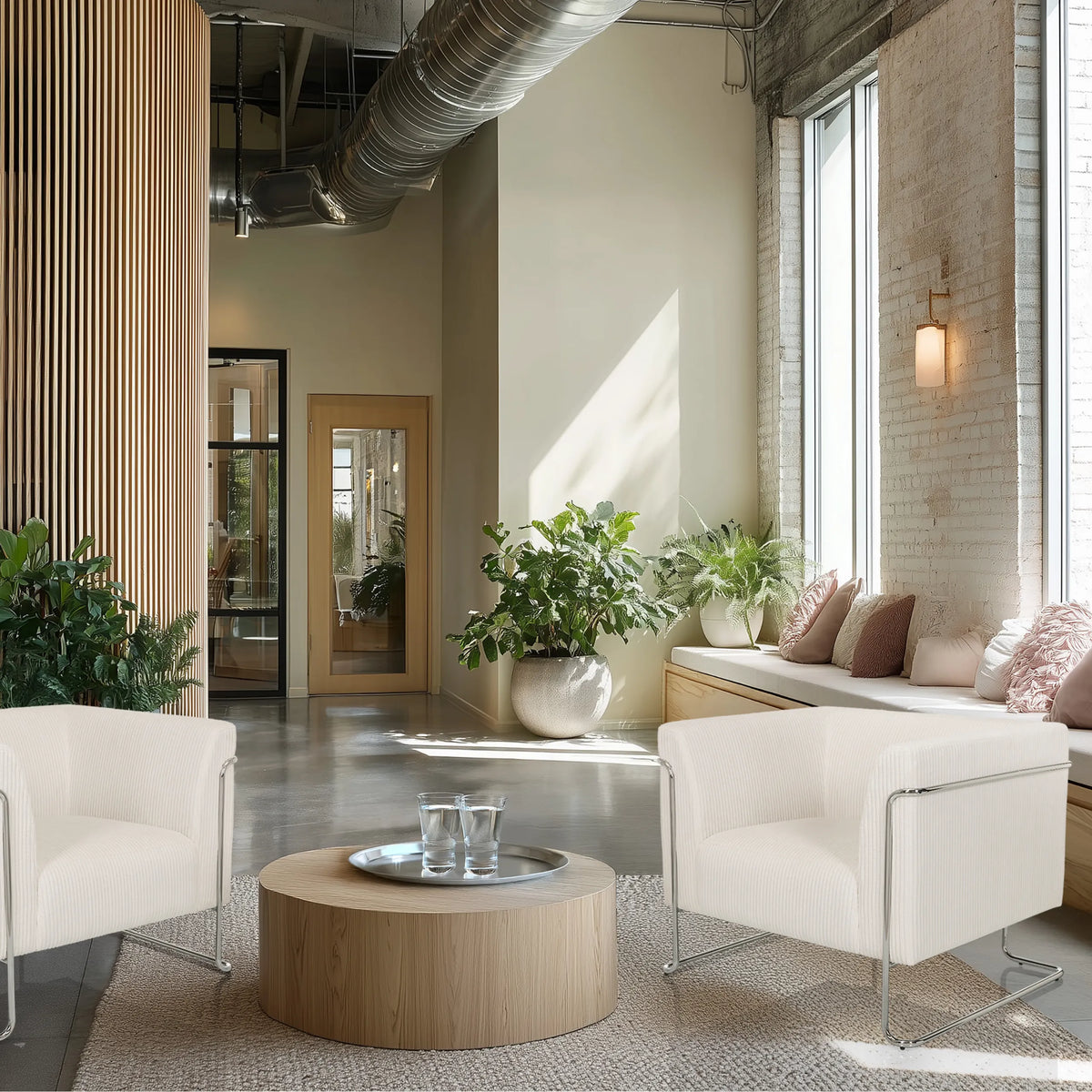 Dos sillones de diseño Curacao Cord blancos con estructura metálica y una mesa de centro redonda de hjh LIVING