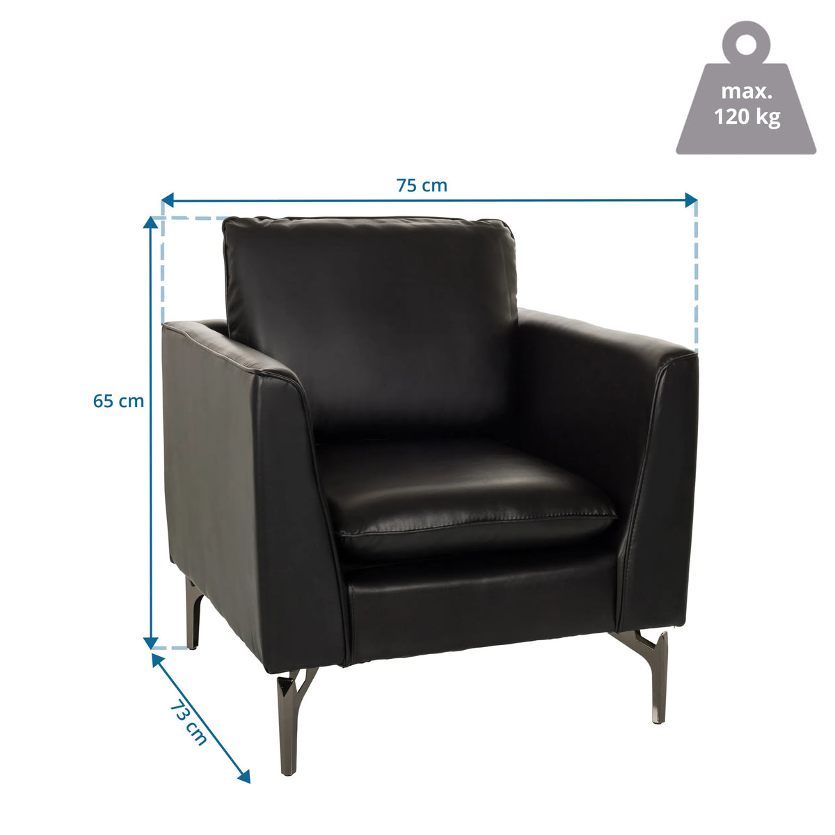 Maßzeichnung des Loungesessels BAVERO mit 75 x 65 cm und maximal 120 kg Belastbarkeit von hjh OFFICE