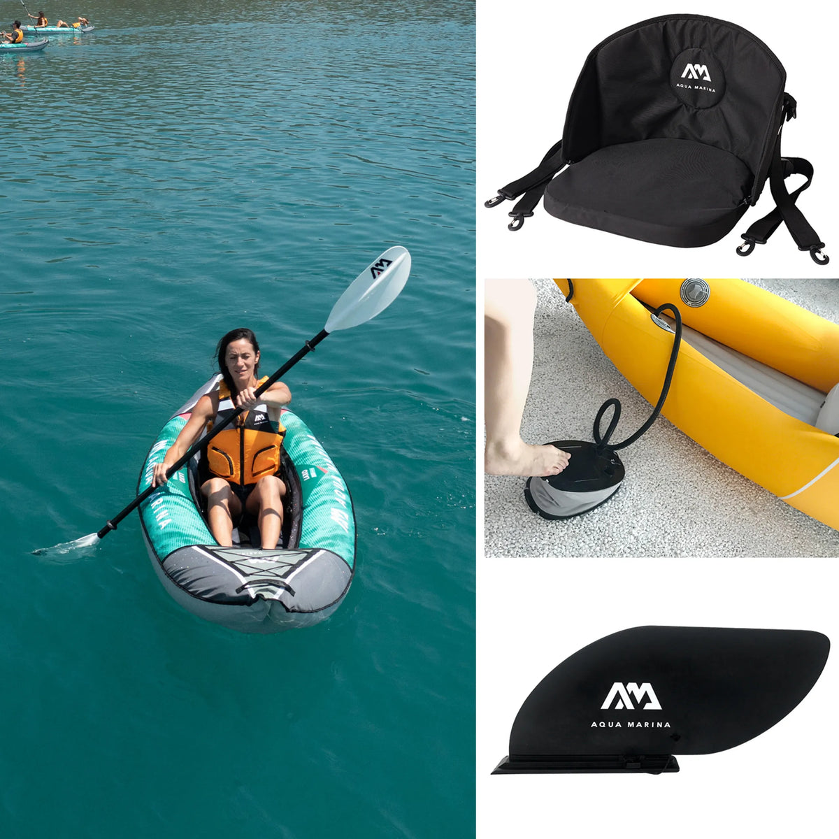 kayak inflable LAXO-285 en color petróleo con accesorios como asiento y bomba de Aqua Marina