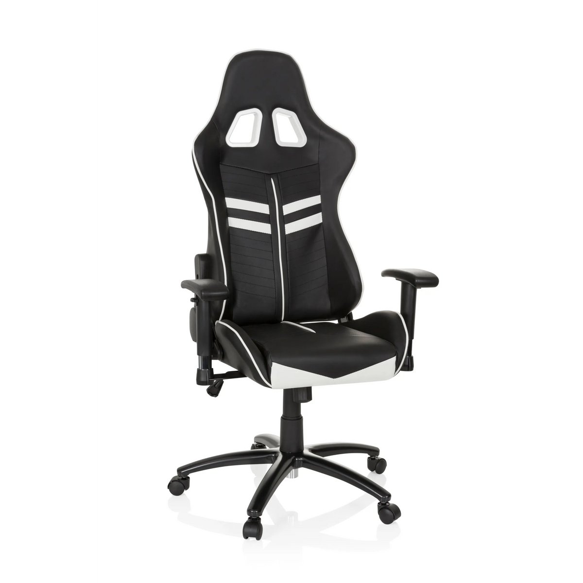 Silla gaming LEAGUE PRO en blanco y negro con reposacabezas y base de cinco ruedas de hjh OFFICE – vista de 360° (vista frontal 20°)