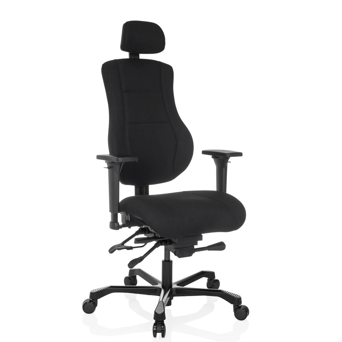 Schwarzer XXL Drehstuhl 24 HOURS BASIC mit Kopfstütze und Fußkreuz mit fünf Rollen von hjh OFFICE – 360-Grad-Ansicht (schräge Frontansicht 30°)