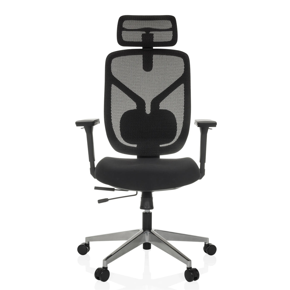 Silla alta gama CASSILIS B negra con respaldo de malla y base de cinco ruedas de hjh OFFICE – vista de 360° (vista frontal 0°)