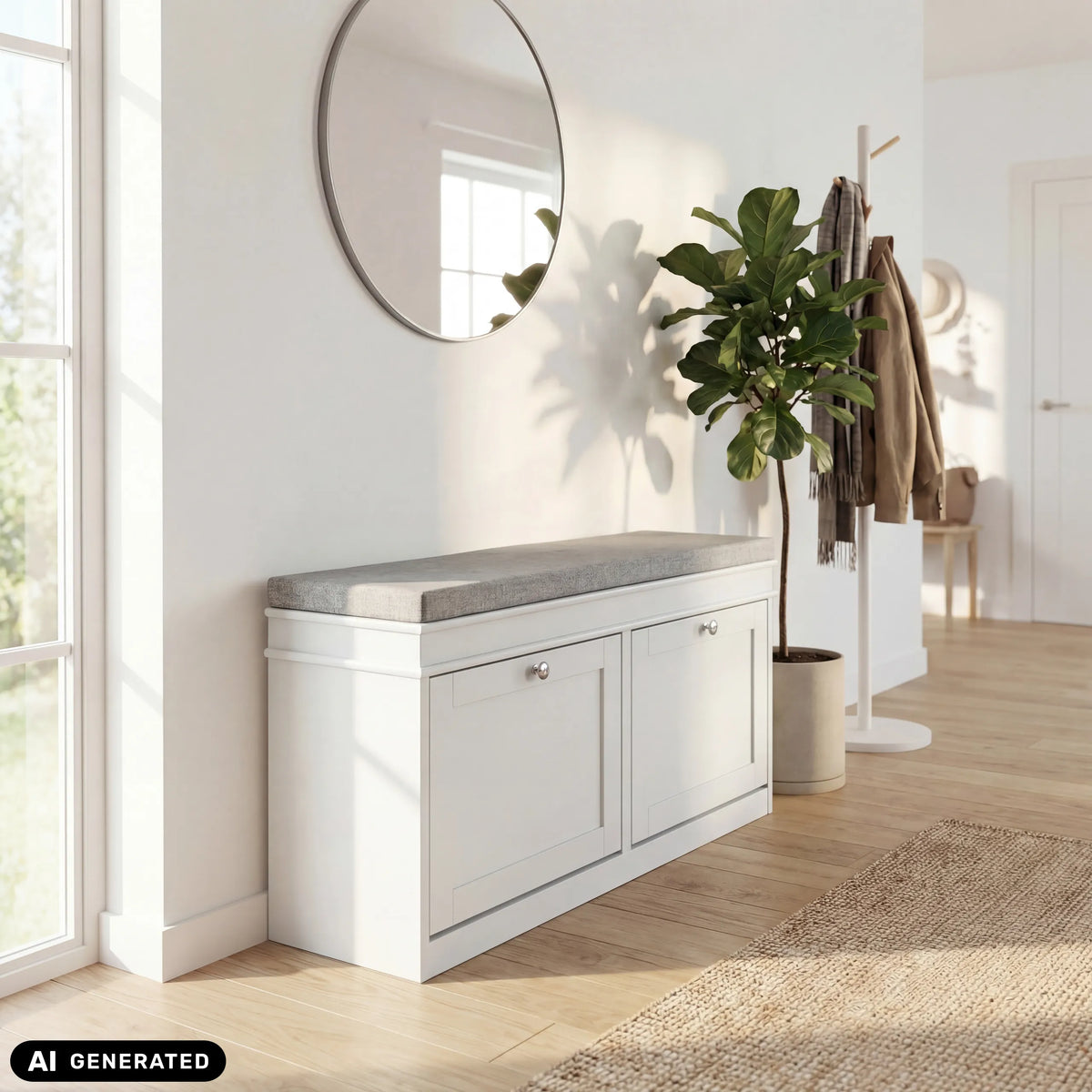 Armario zapatero Estha 11 blanco con asiento gris y dos puertas de hjh LIVING (imagen generada por IA)