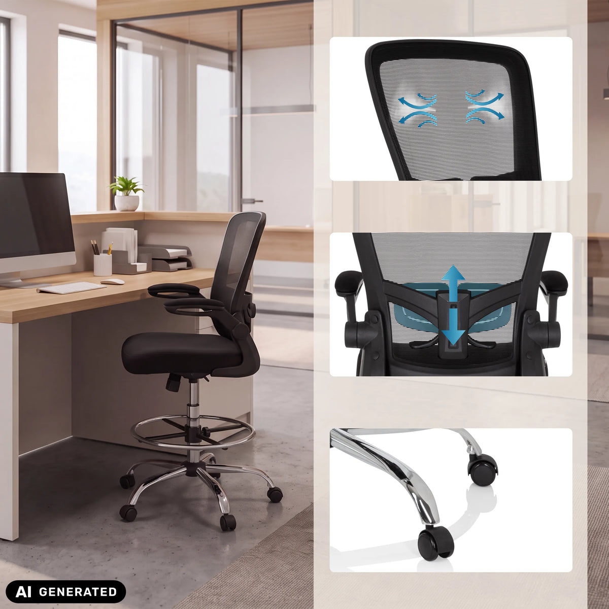 Silla de mostrador VENDO WORK en negro con vistas detalladas del respaldo y las ruedas de hjh OFFICE (imagen generada por IA)