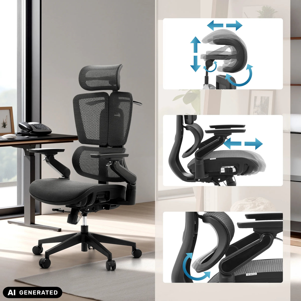 Reposacabezas y reposabrazos ajustables de la silla de oficina profesional Ergo U2 Pro3 de hjh OFFICE (imagen generada por IA)