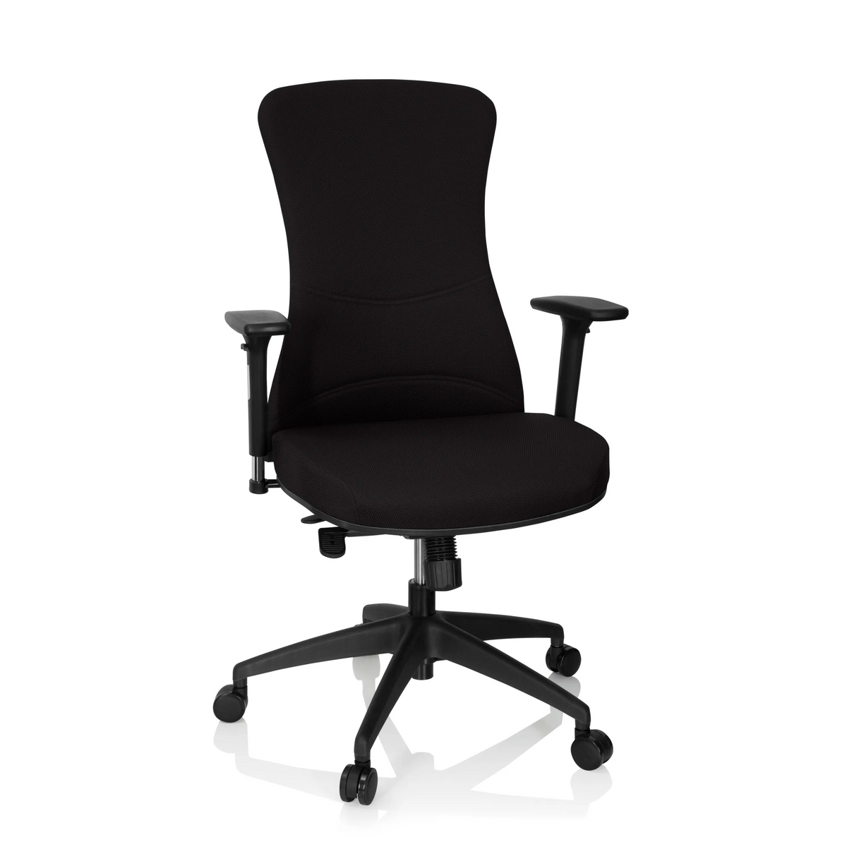 Silla de oficina profesional OFFICE XT PRO negra con reposabrazos y base de cinco ruedas de hjh OFFICE – vista de 360° (vista frontal 20°)