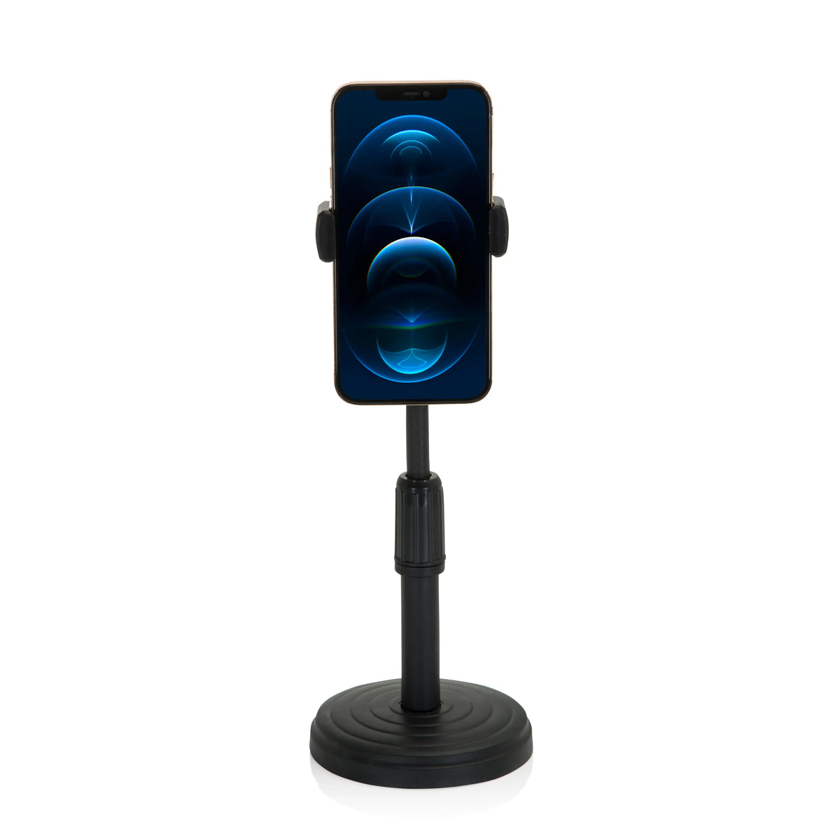 Soporte para teléfono móvil y tableta FLEXMOBI II negro con base redonda y barra telescópica de hjh OFFICE – vista de 360° (vista frontal 0°)