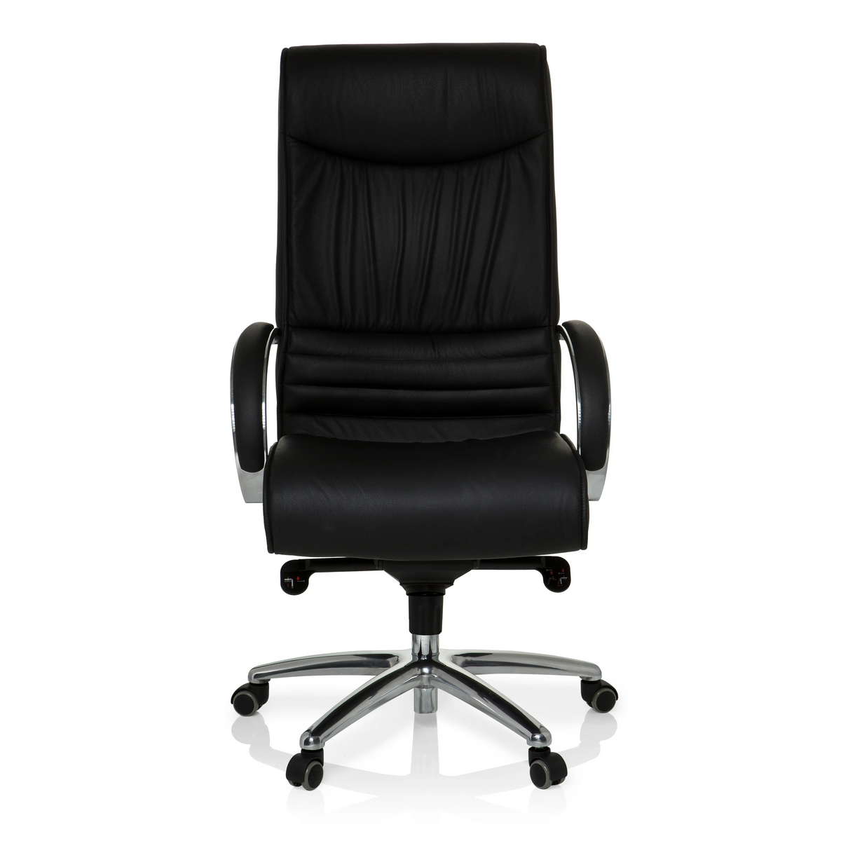 Schwarzer Drehstuhl XXL F 400 aus Leder mit Fußkreuz und fünf Rollen von hjh OFFICE – 360-Grad-Ansicht (Frontansicht 0°)