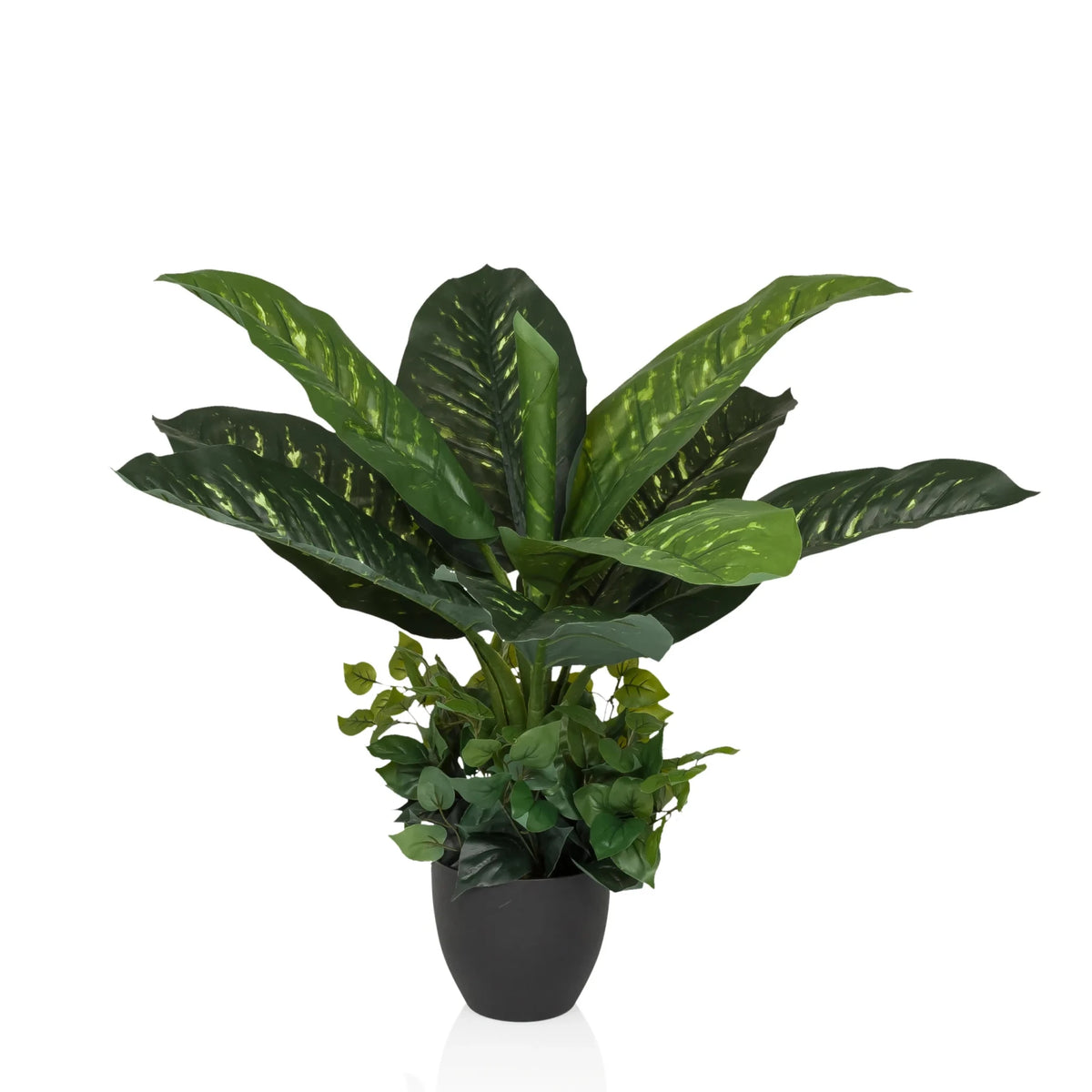 Planta artificial verde DIEFFENBACHIA con hojas grandes en una maceta negra de hjh OFFICE