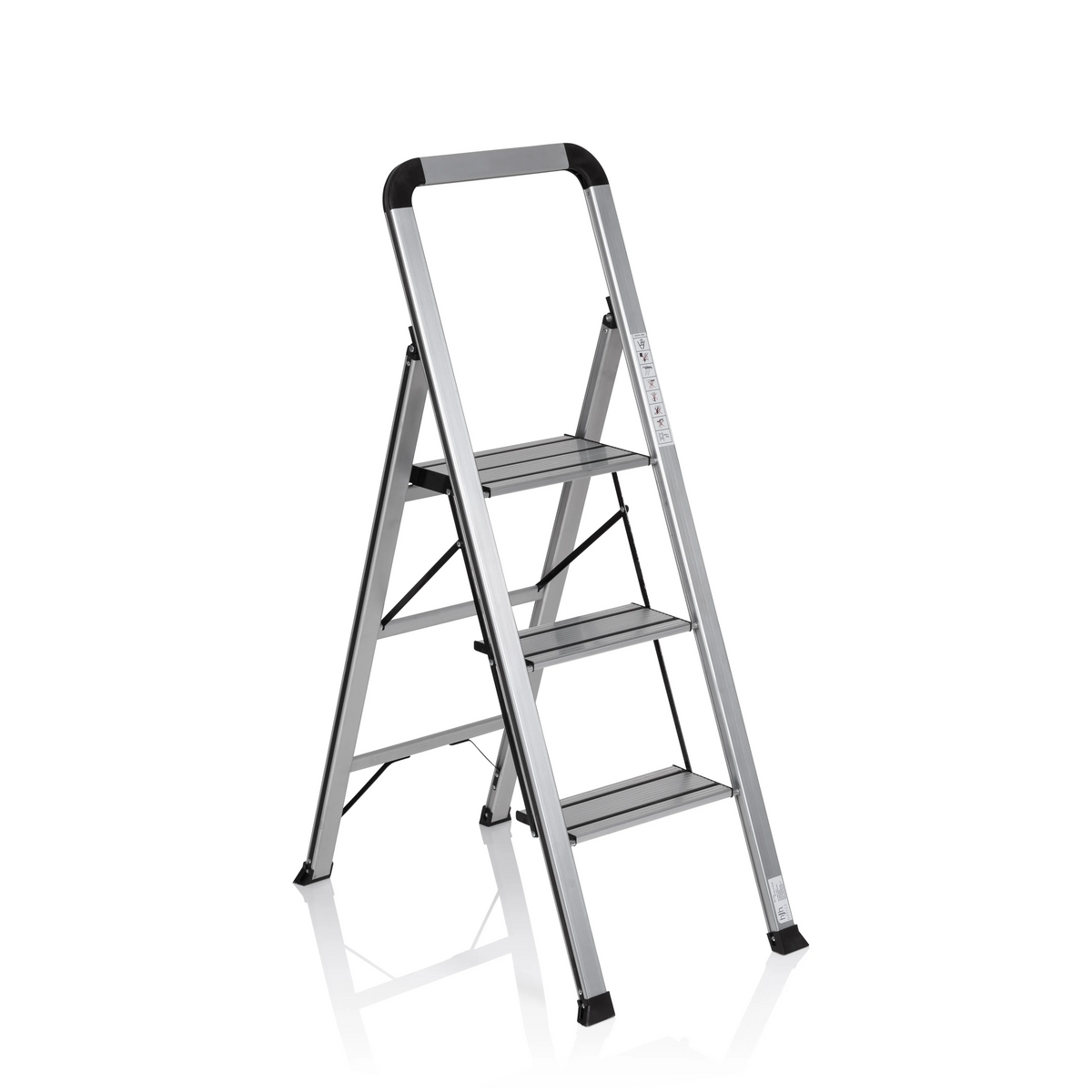 Silberne Klappleiter SOLID V aus Aluminium mit drei Stufen und Handgriff von hjh OFFICE – 360-Grad-Ansicht (schräge Frontansicht 40°)