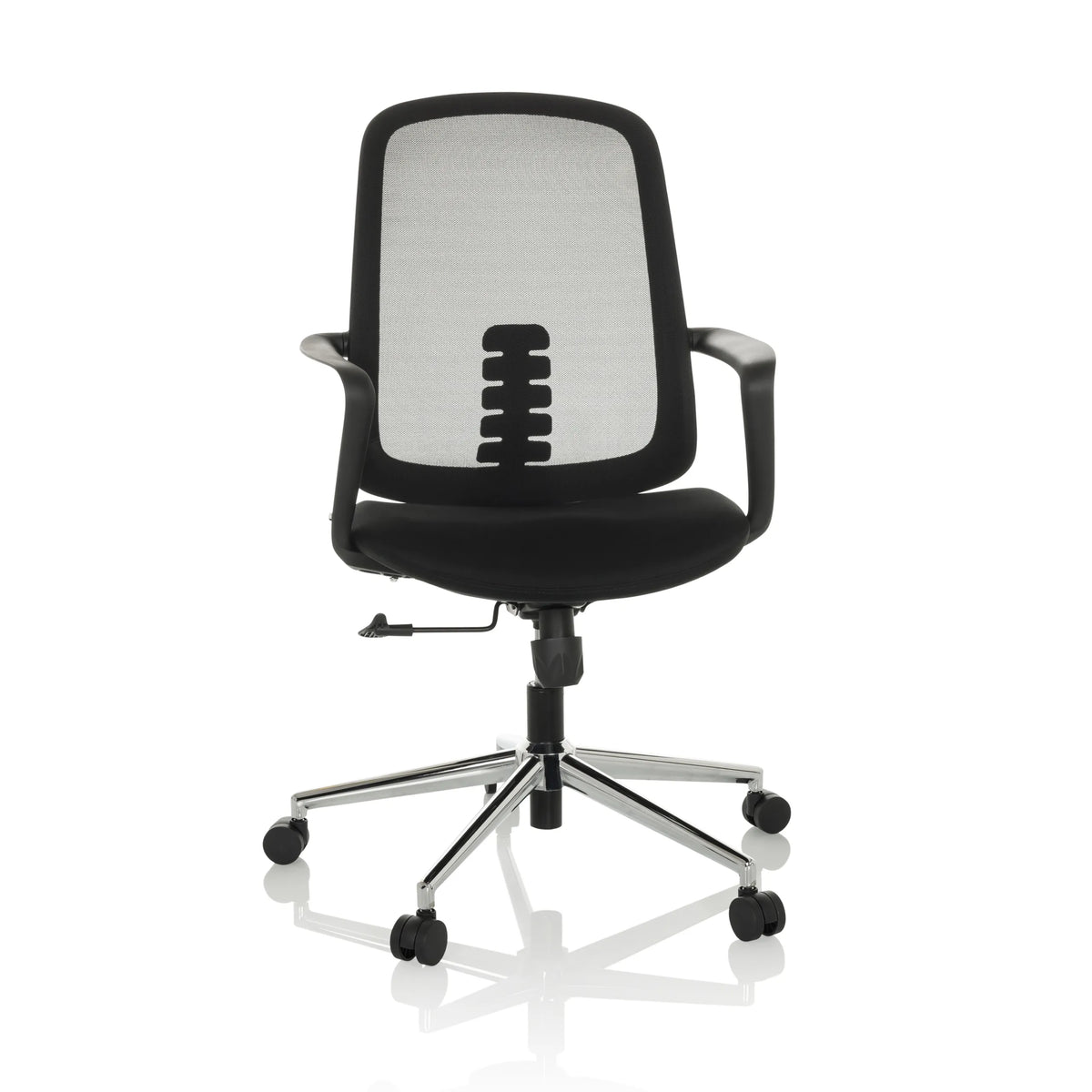 Silla Home Office SEDIOLO B negra con respaldo de malla y base de cinco ruedas de hjh OFFICE – vista de 360° (vista frontal 15°)
