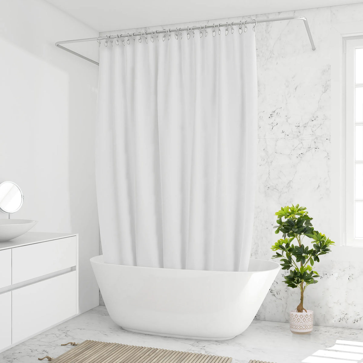 Planta artificial verde SCHEFFLERA en una maceta estampada en el baño de hjh OFFICE