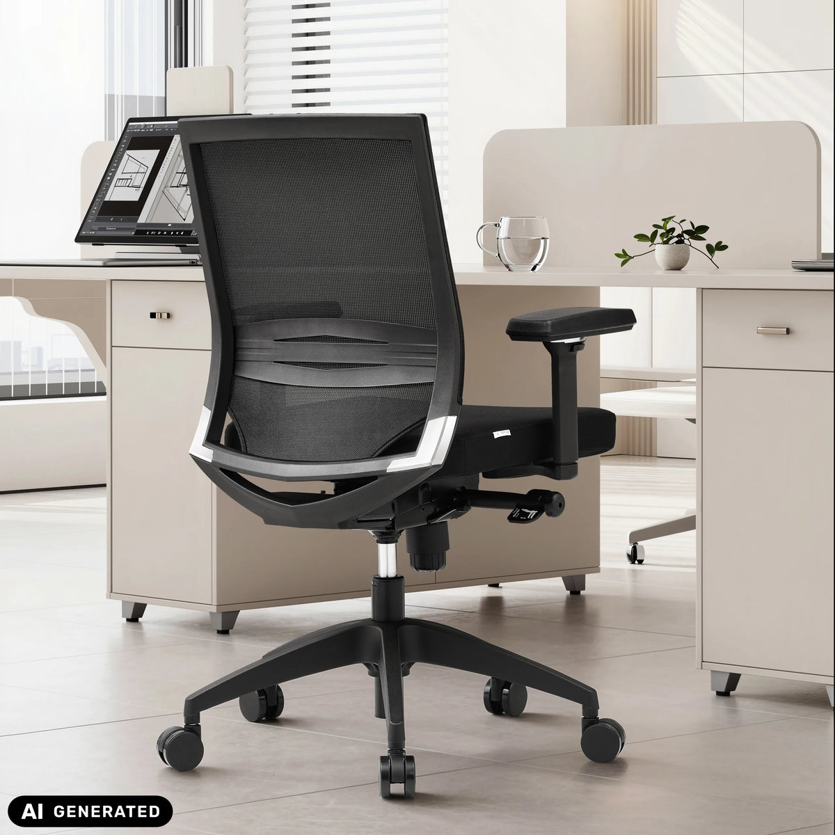 Silla de oficina profesional negra PORTO BASE con respaldo de malla y reposabrazos de hjh OFFICE (imagen generada por IA)